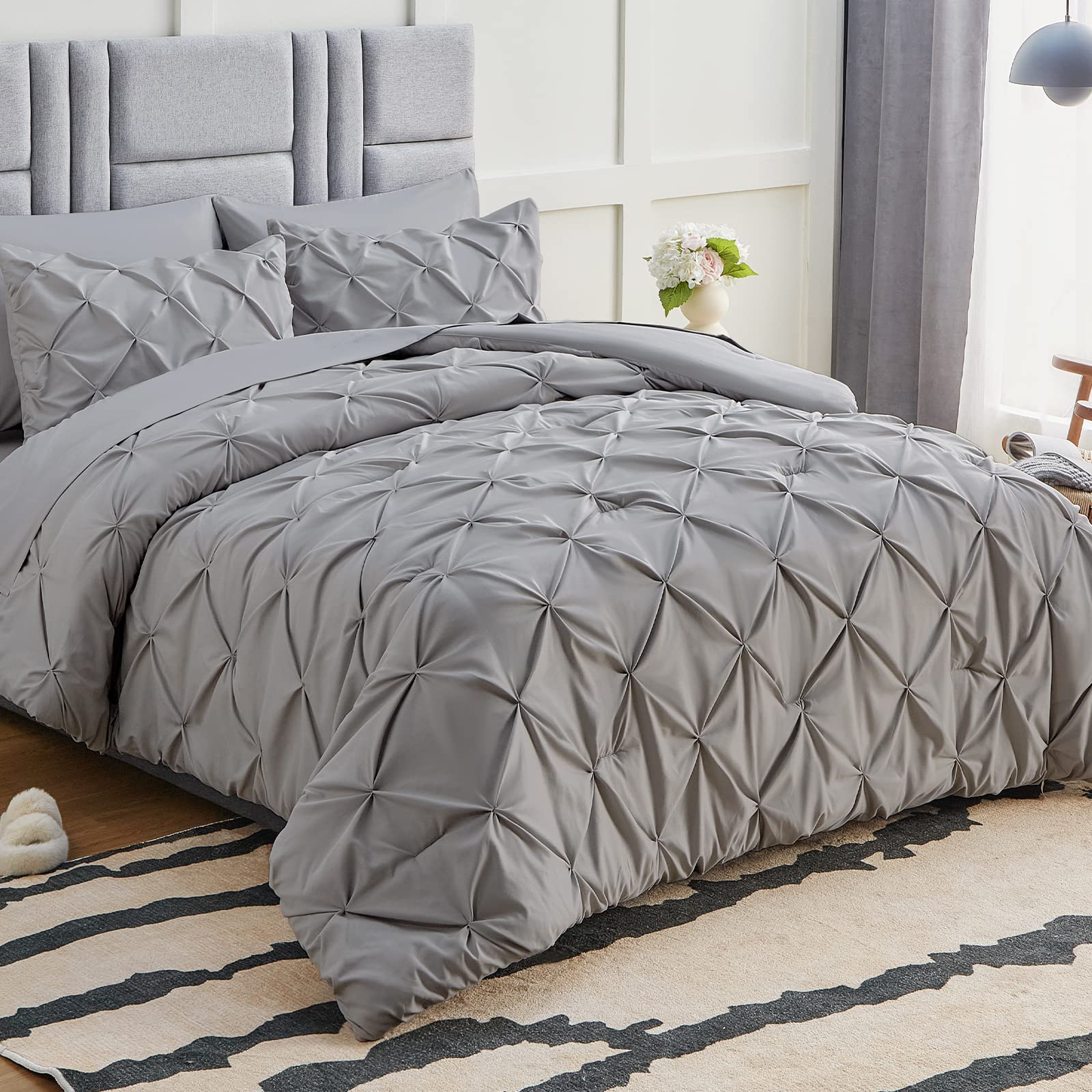 CozyLux Full/Queen Comforter Set Light Grey 7 Pieces Pintuck Bed in A Bag Complete Set Pinch Pleat Queen Bedding Sets with All Season Comforter, Pillow Sham, Flat Sheet, Fitted Sheet and Pillowcase