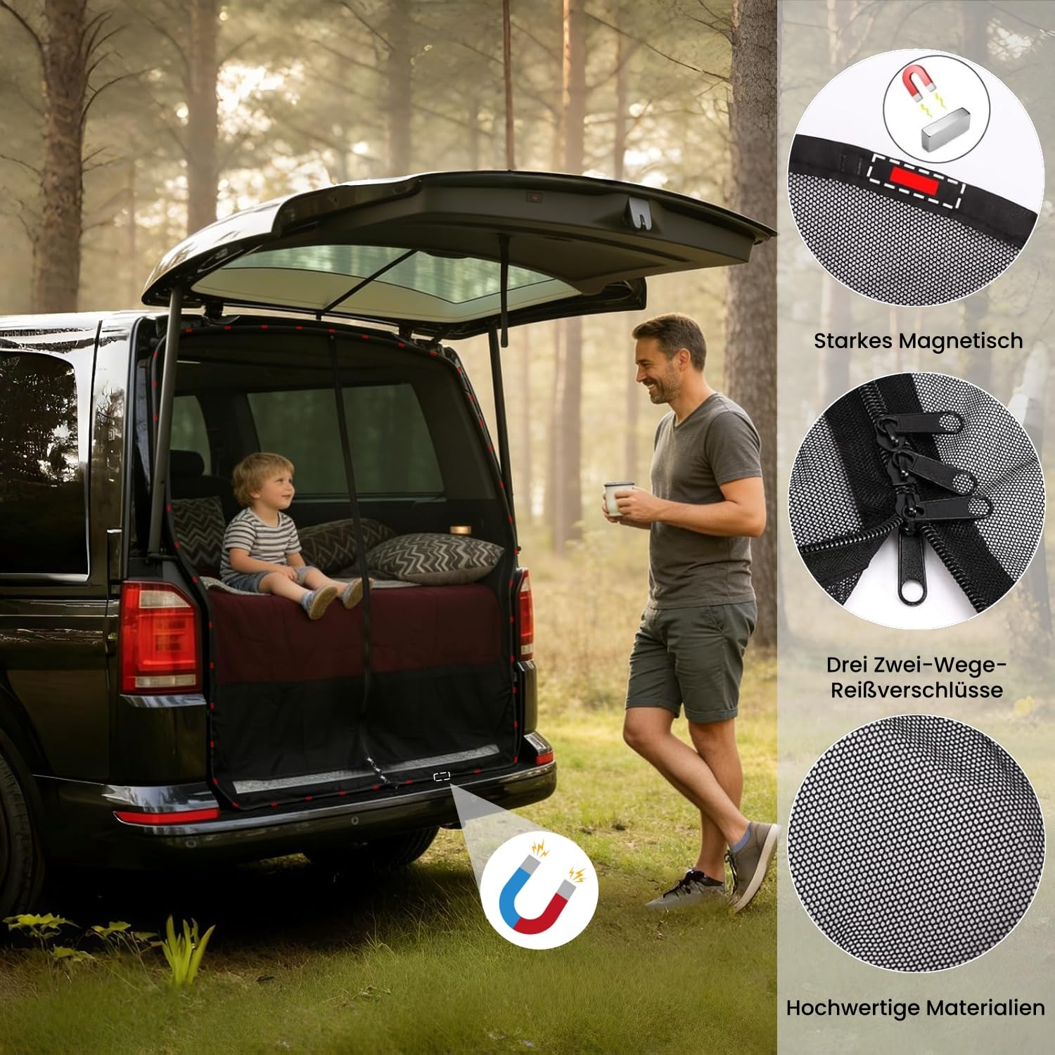 Sonnenschutz Auto Heckklappen Passend für VW T5 T6 Camping Zubehör Magnetisch Anti-Mücke Belüftung und UV-Schutz Schattennetz Camping Reise Auto Zubehör
