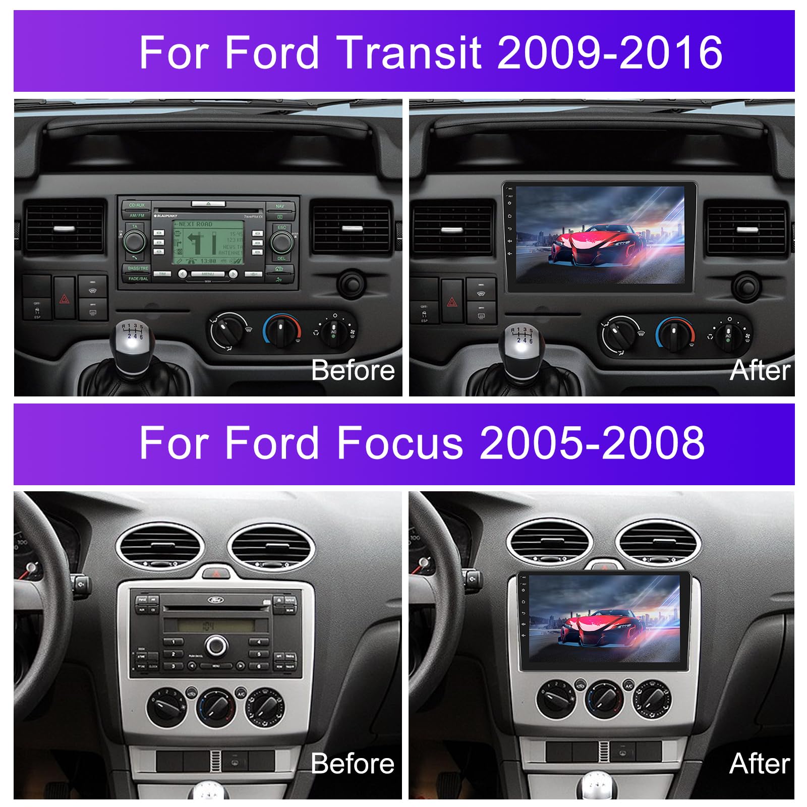 2 Din Android 15.0 Autoradio 9 Pollici HD per Ford Transit 2009-2016 e Ford Focus 2005-2008 - CarPlay Wireless, Android Auto Senza Fili, 4GB RAM + 128GB ROM, GPS Integrato