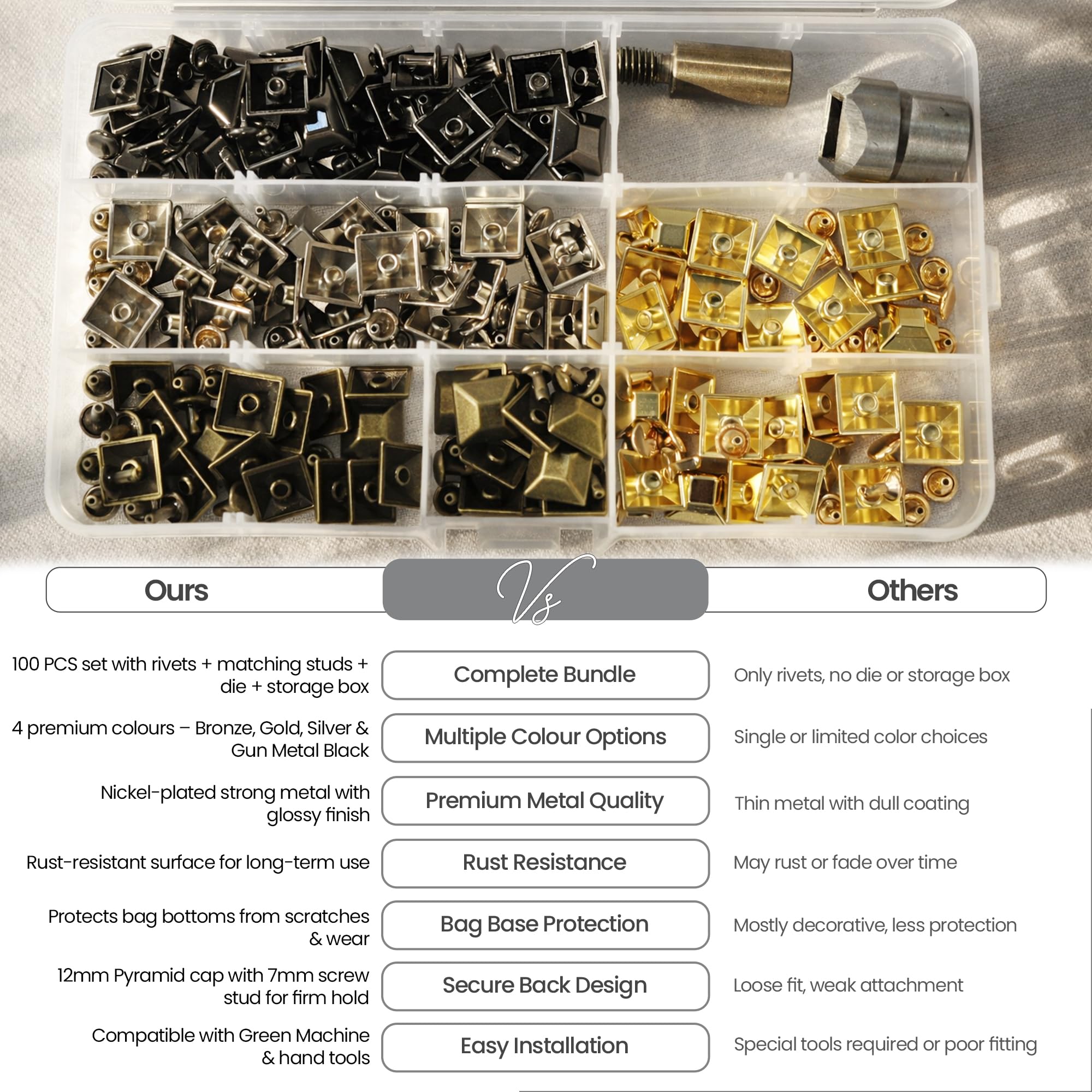 Trimming Shop Paquete de patas piramidales de 12 mm con troquel y caja de almacenamiento, 100 tachuelas de metal para bolso y bolsos, remaches inferiores de bolsa piramidal para kit de manualidades de