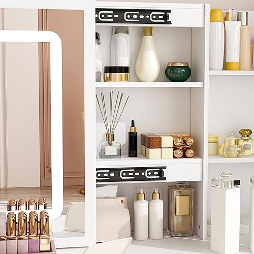 Miniatura 6 de AIEGLE Juego de escritorio grande con espejo iluminado deslizante y tira de alimentación integrada, 3 colores con iluminación LED para maquillaje,