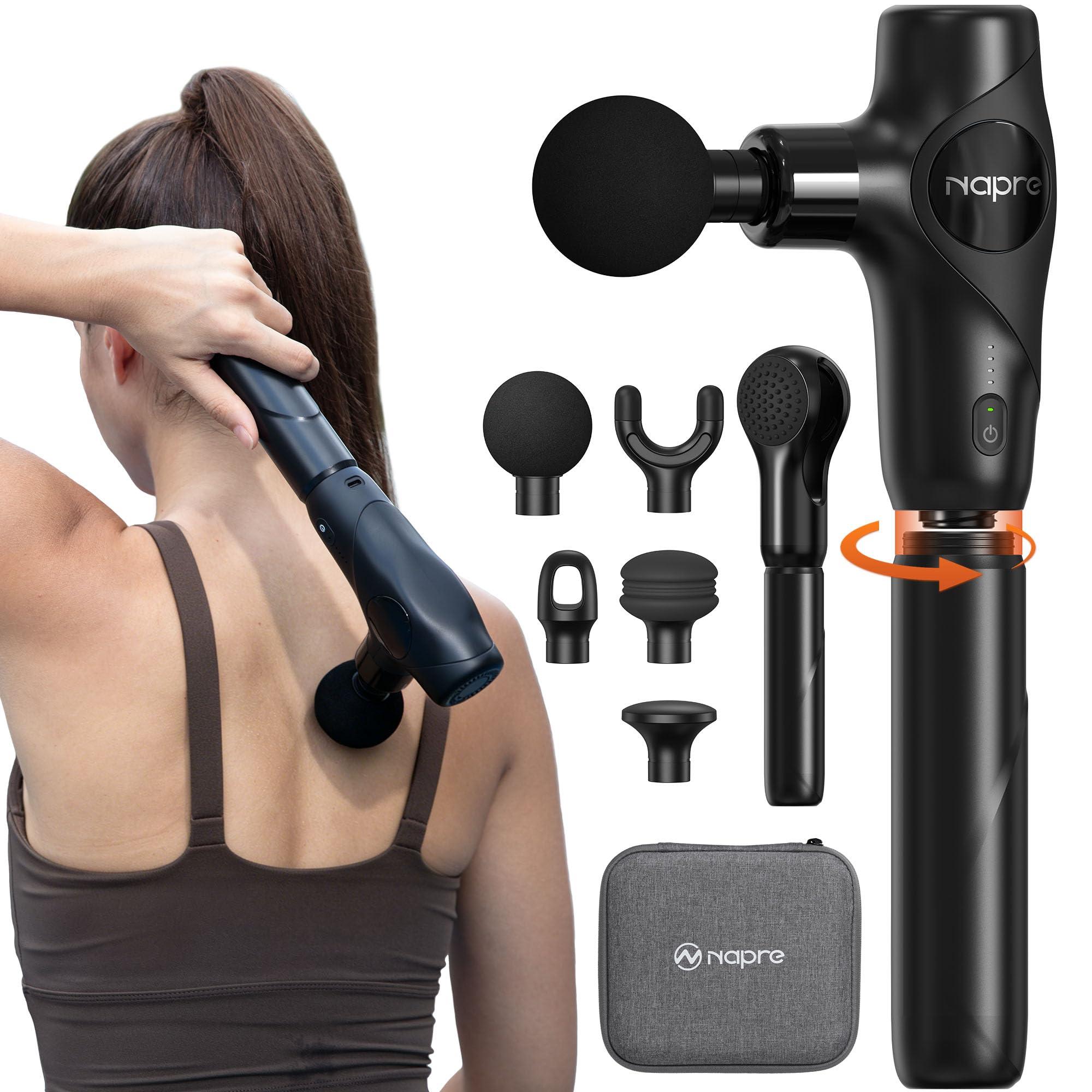 NAPRE Massaggiatore 3 in 1 Staccabile, Mini Massaggiatore a Percussione per Tessuti Profondi con Manico Estensibile, Portatile per Schiena/Collo/Corpo, Piccolo e Silenzioso, 5 Testine, con Custodia