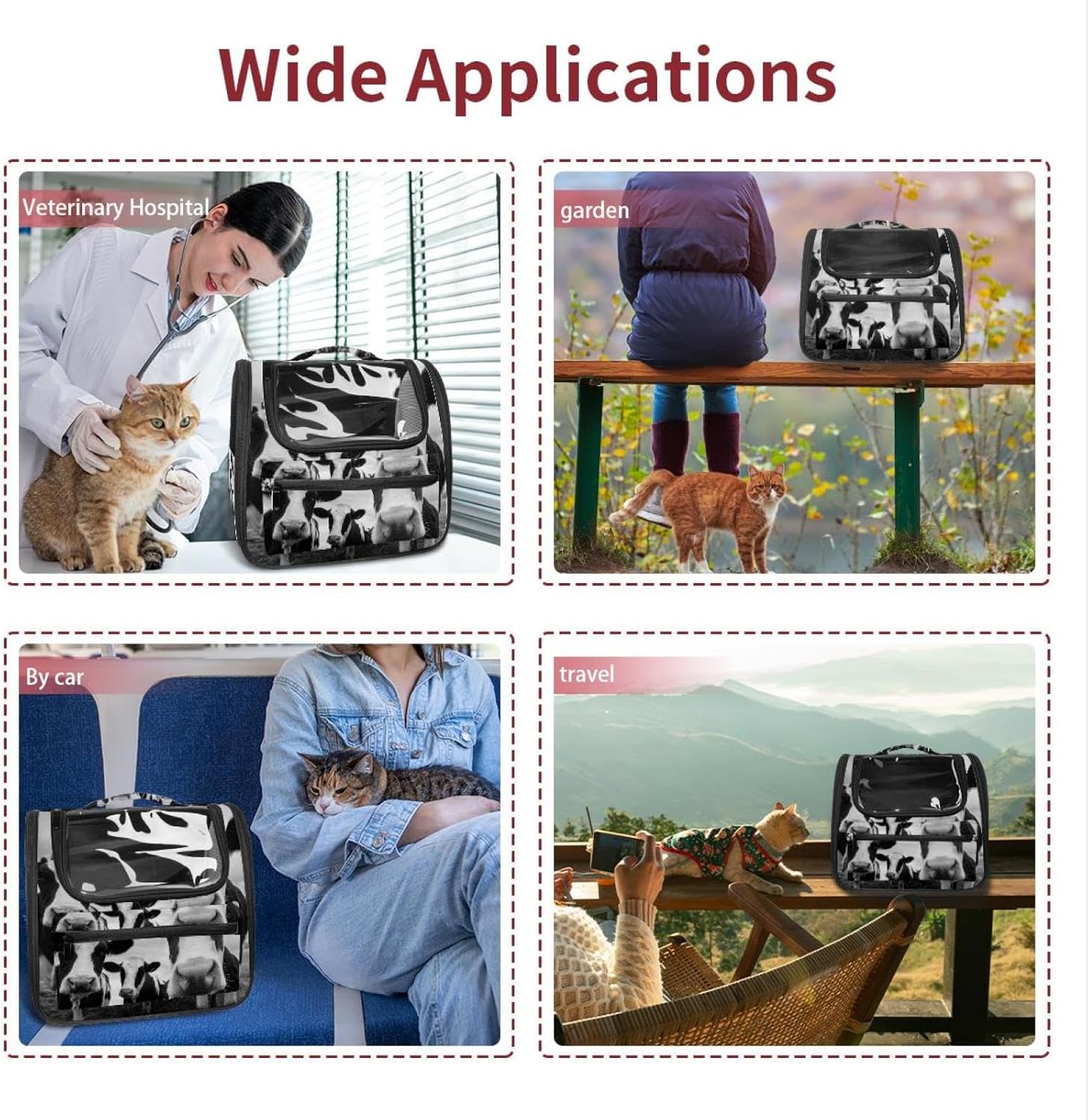 Portable Travel pet Backpack Carrier Hamster Bag Small Dog cat Carrier Breathable Hang Bag, Black White Cows