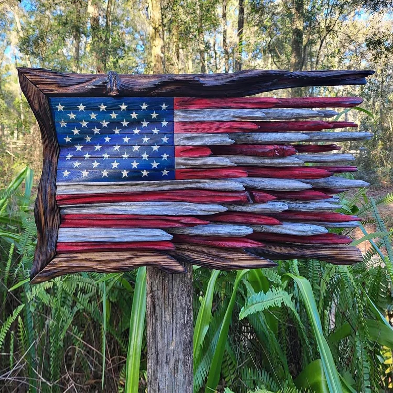 Handmade Honor US Flag with Cypress Trim,3D Iron Patriotic Indoor/Outdoor American Flag Spring Decorations (12 * 20 in)