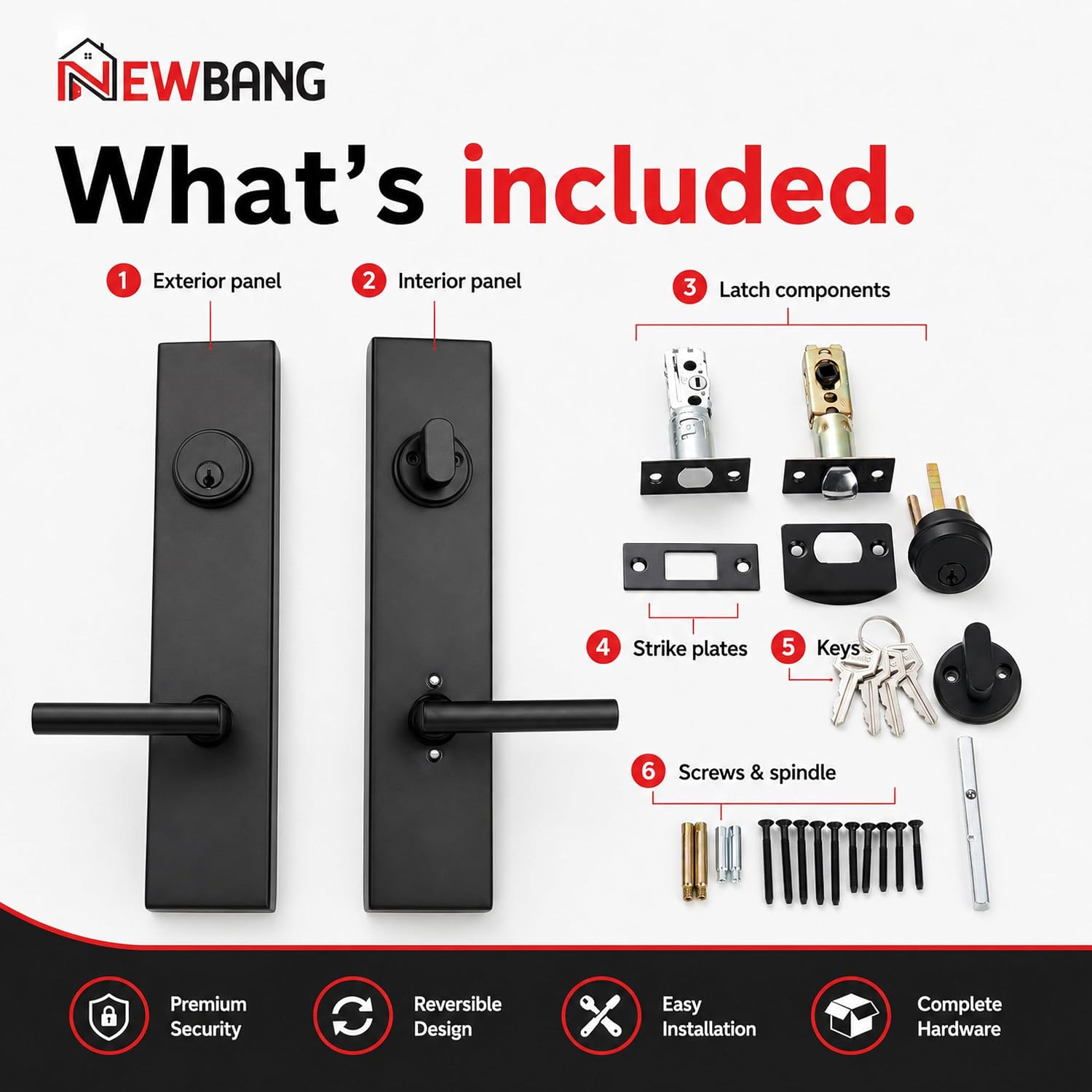 NEWBANG Exterior Entry Door Lock Set with Deadbolt Matte Black Finish | Keyed Lever for 1-3/8 to 2 in Side Doors lock front door lock for french door