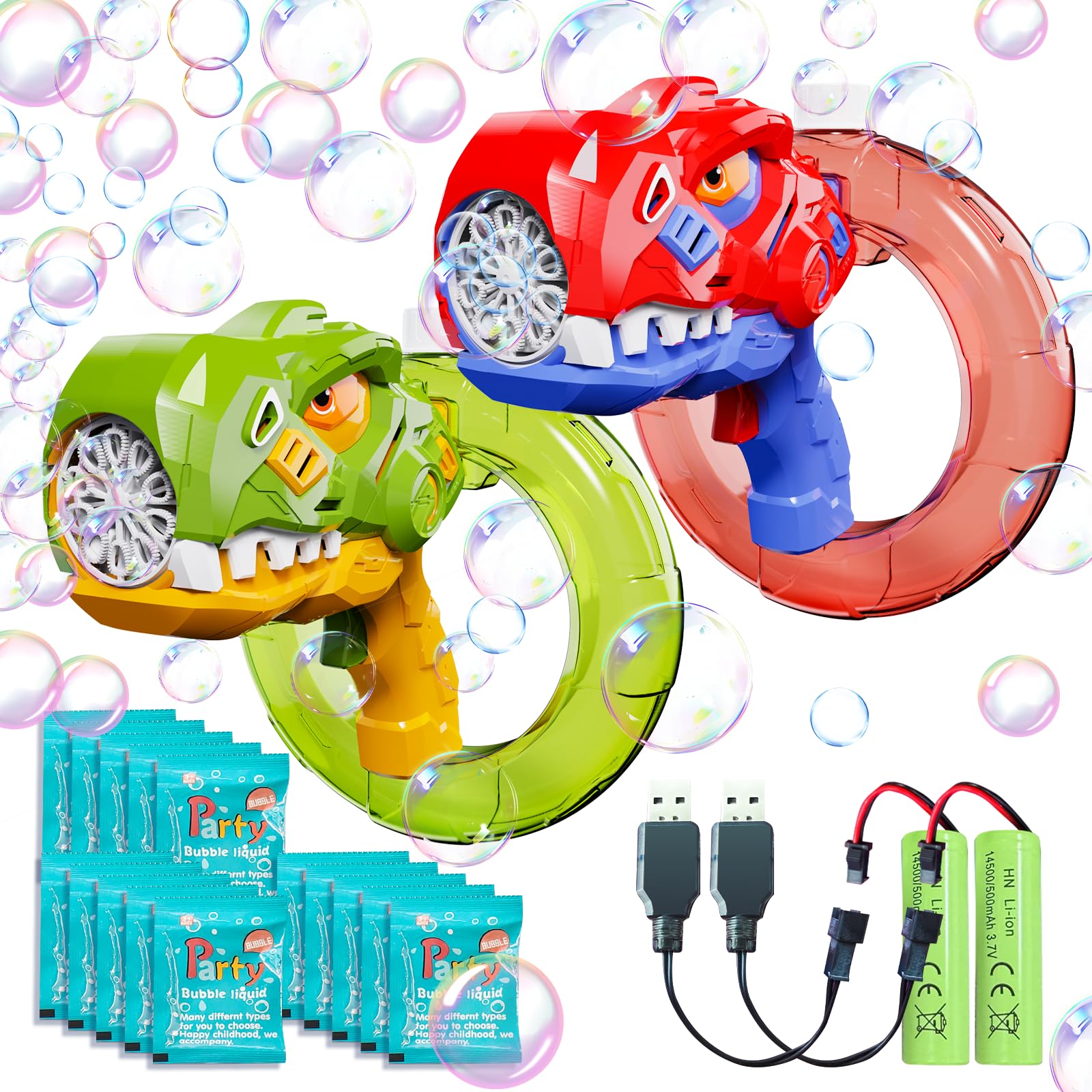 LLESSOO 2 Pack Bubble Gun, Dinosaur Bubble Guns for Kids Ages 4-8, Bubble Machine Gun for Toddlers 3-5, Rechargeable Bubble Blower Maker, Outdoor Toys for Kids Ages 4-8, Summer Bubble Toys