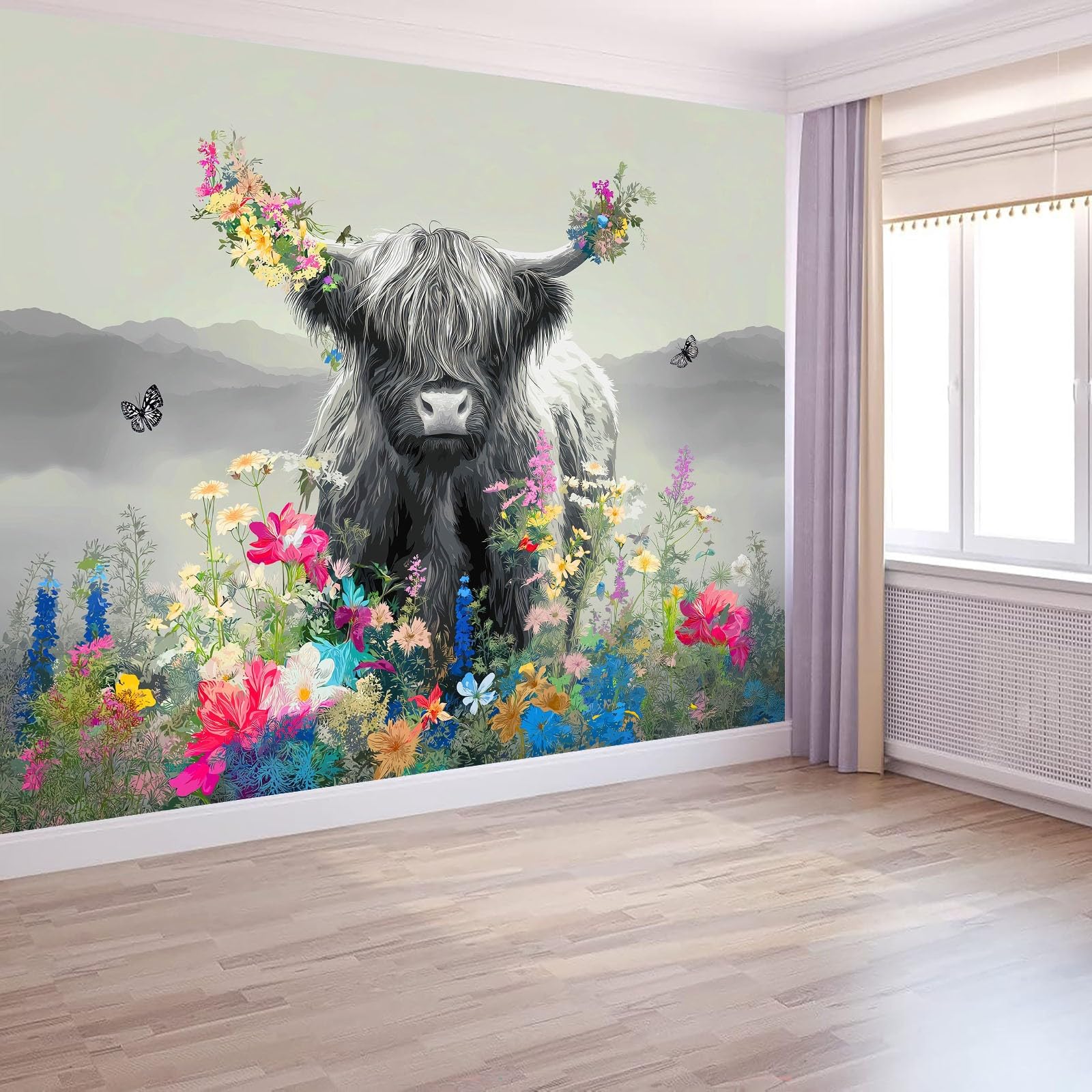 Générique Panoramiczna tapeta Yaks Champs Kwiaty Zwierzęta Łąki 350 x 256 cm, dekoracja ścienna z włókniny, dekoracyjna dekoracja ścienna do salonu, łazienki, pokoju dziecięcego, ciemnoszara