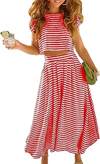 Women's Summer 2 Piece Outfits Striped Skirt Sets Cap Sleeve Crop Top Midi Dress Matching Travel Outfits