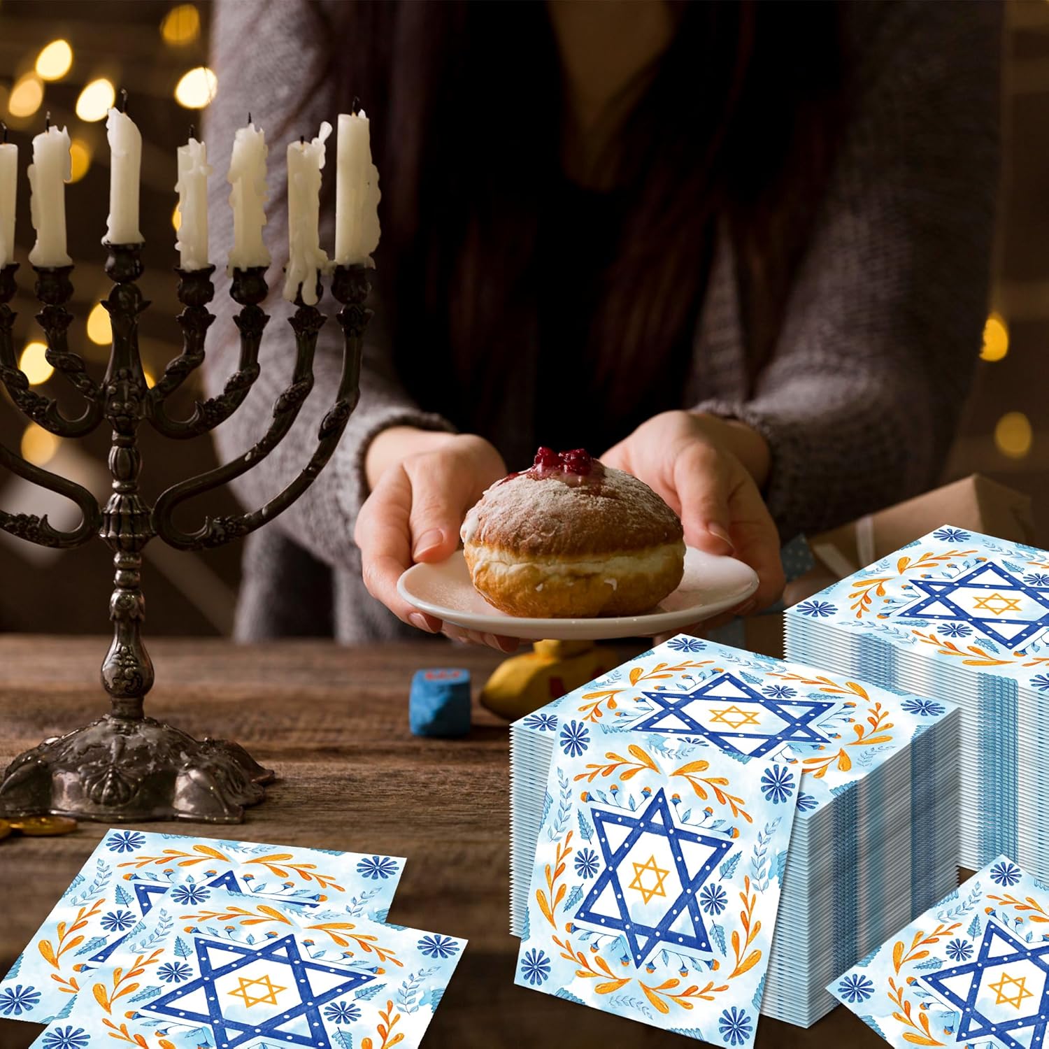 120 Sheet Hanukkah Napkins Disposable Gold and Blue Decorative Hand Paper Napkin Towel for Jewish Holidays Hanukkah Party, Shana Tova Passover Seder Bar Mitzvah Party Supplies