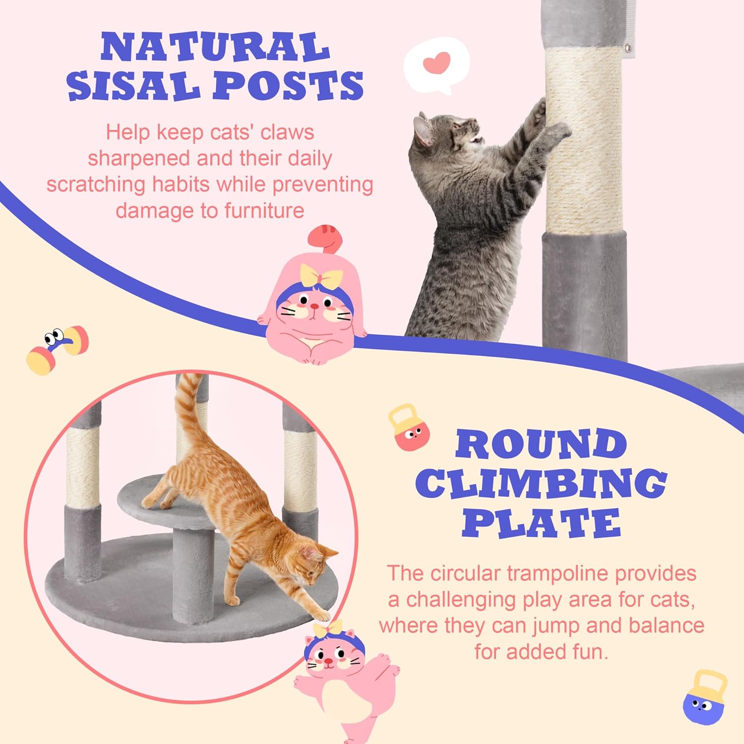 Allewie 55.5 in Cat Tree for Indoor Kitties/Soft Plush Perches/Multi-Level Cat Tower/Sisal Scratching Posts/Crescent Plates/Round Jumping Board/Hanging Ball/Pet Activity Center/Grey