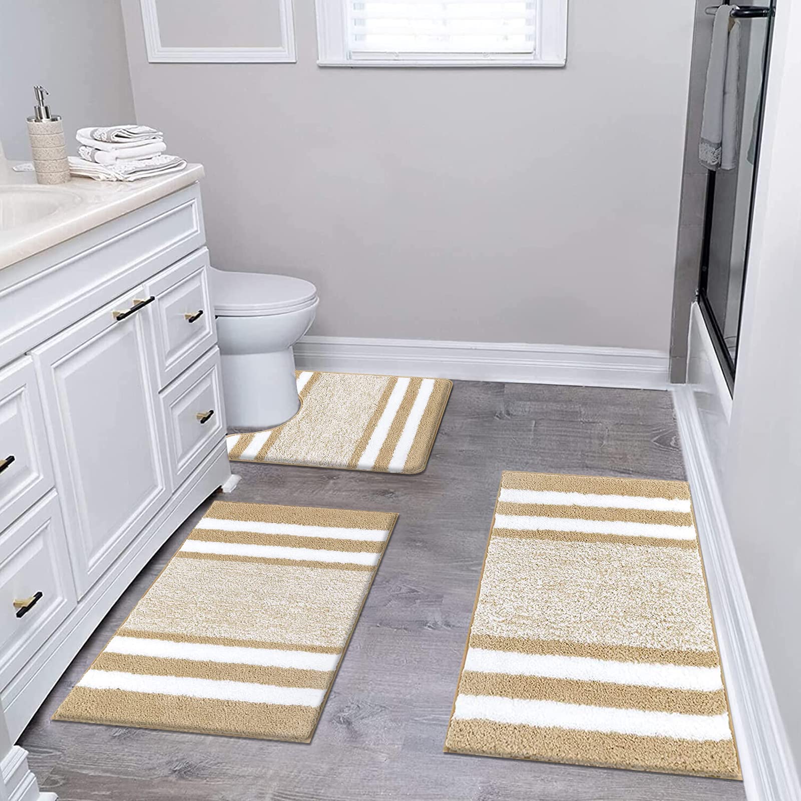 Pauwer Set di 3 tappetini da bagno ultra spessi, con fondo antiscivolo, assorbenti, tappetini da bagno e tappetino per WC, facili da pulire, lavabili in lavatrice, colore: beige