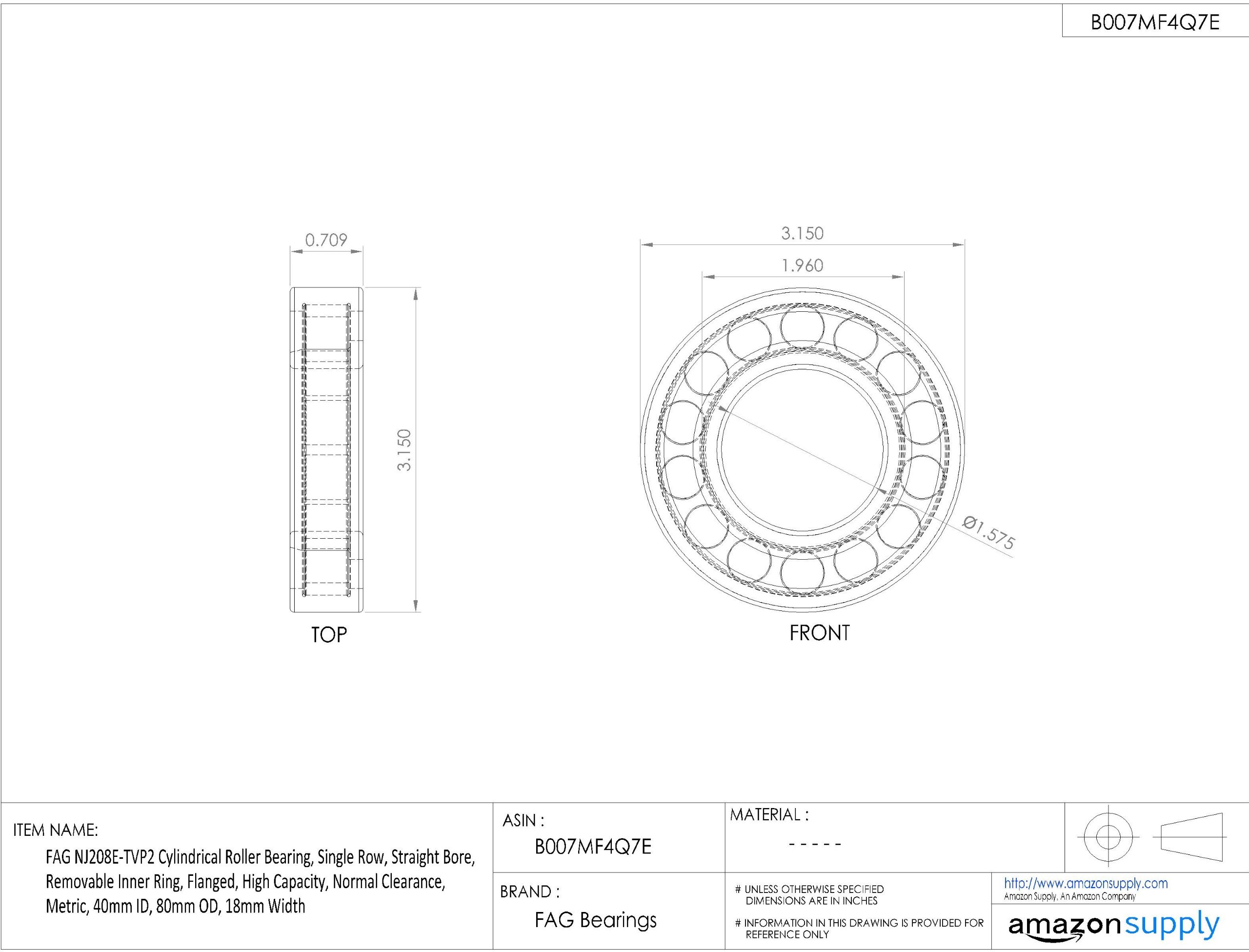 FAG Nj208e-tvp2 cylindrique Roulement à rouleaux, rangée simple, Alésage, Bague intérieure amovible, Flanged droite, haute capacité, espace Normal, métriques, 40 mm ID, 80 mm OD, 18 mm de largeur