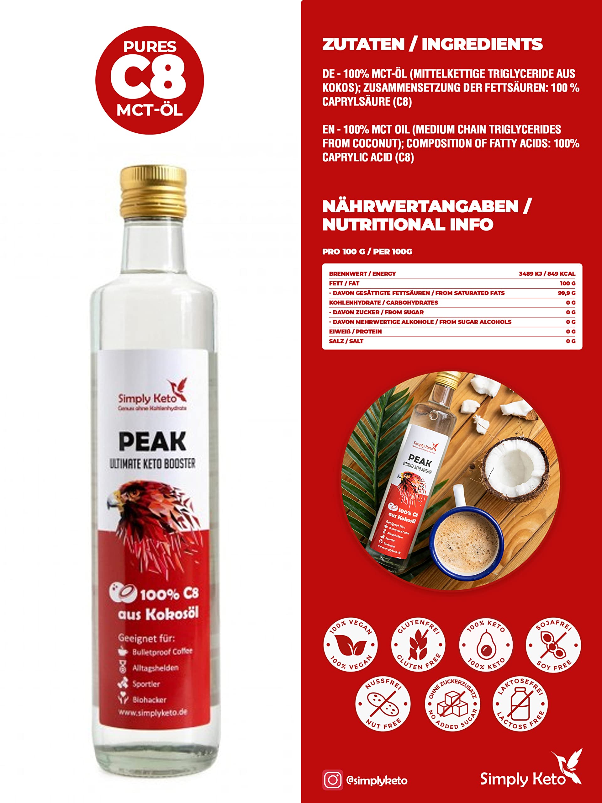Simply Keto Peak C8 Öl - MCT Öl auf Kokosöl Basis - 100% Caprylsäure - Vegan & Palmölfrei - Geschmacksneutral - Optimal für ketogene Ernährung & Bulletproof Coffee - 5x500ml
