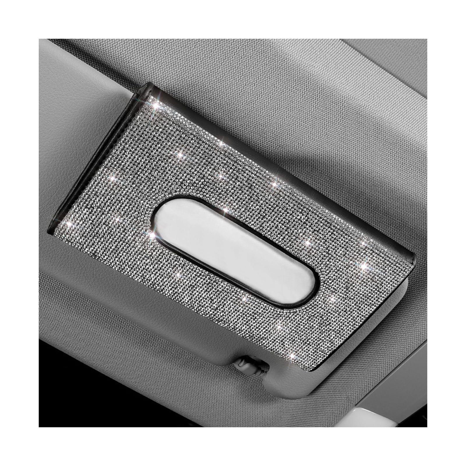 SHMZK Bling Car Sun Visor Tissue Box Holder, Leather Sparkling Crystal Napkin Holder Auto Visor Paper Towel Cover, Rhinestone Backseat Mask Wipe Case Visor Hanging Tissue Organizer (White)