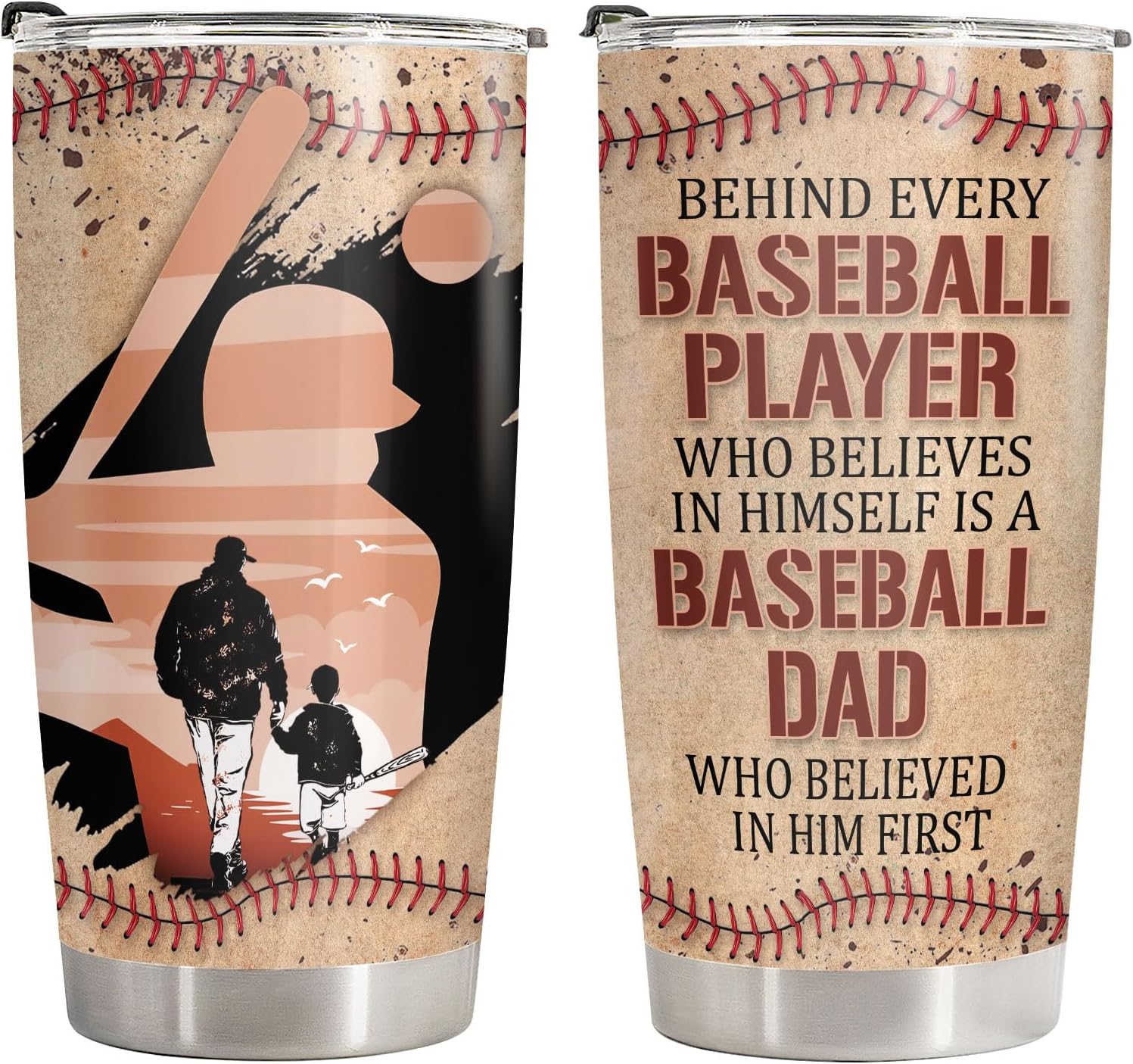 34HD Baseball Dad Tumbler with Lid 20oz Stainless Steel, Behind Every Player Travel Coffee Cup for Father's Day Gift - Birthday Present to Daddy, Him, Grandpa & Husband
