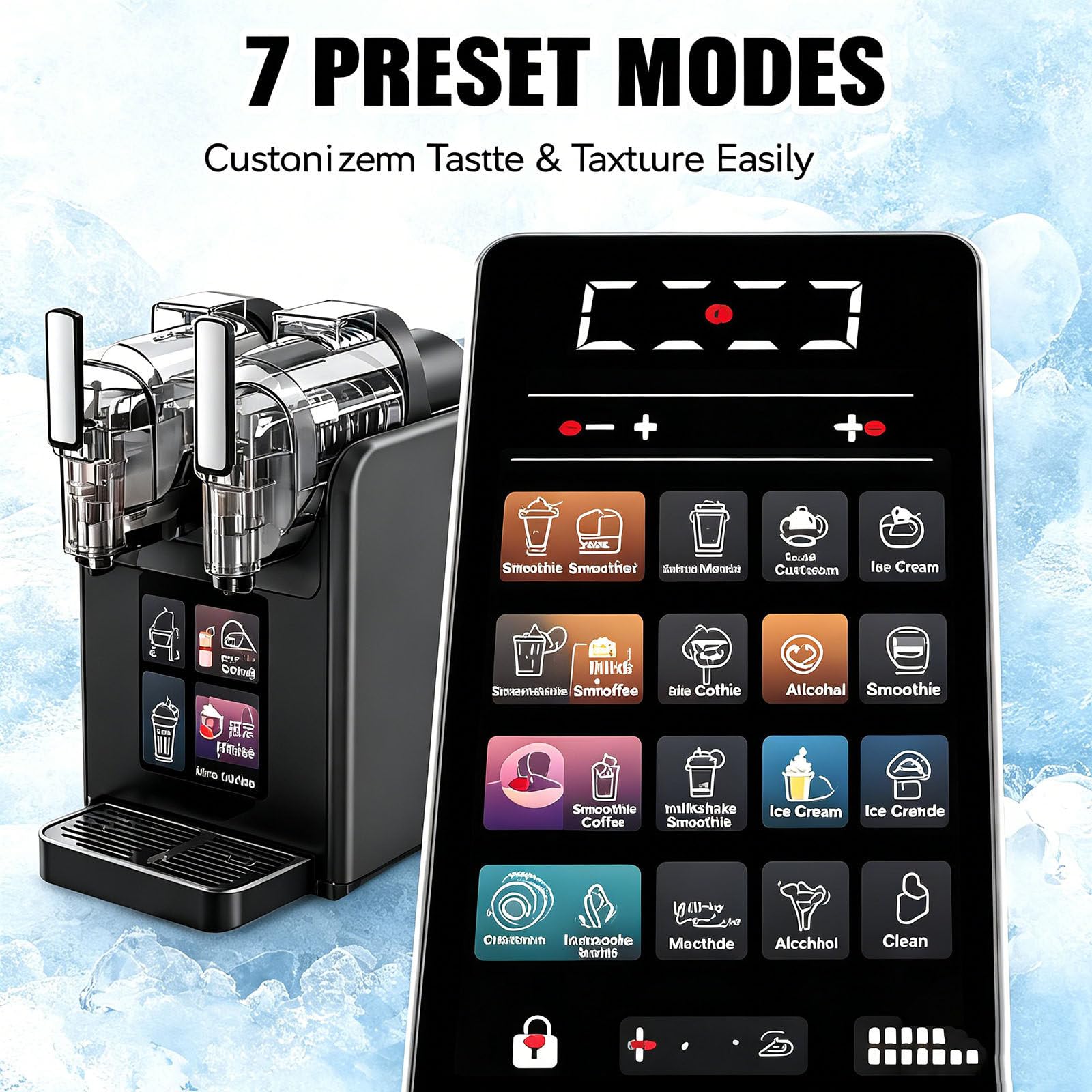 Macchina Professionale 2 in 1 per Gelato Soft e Granite, con Due Serbatoi da 70 oz (2 Litri), Elevata capacità di Produzione di Bevande ghiacciate, Schermo Touch e Funzione Black