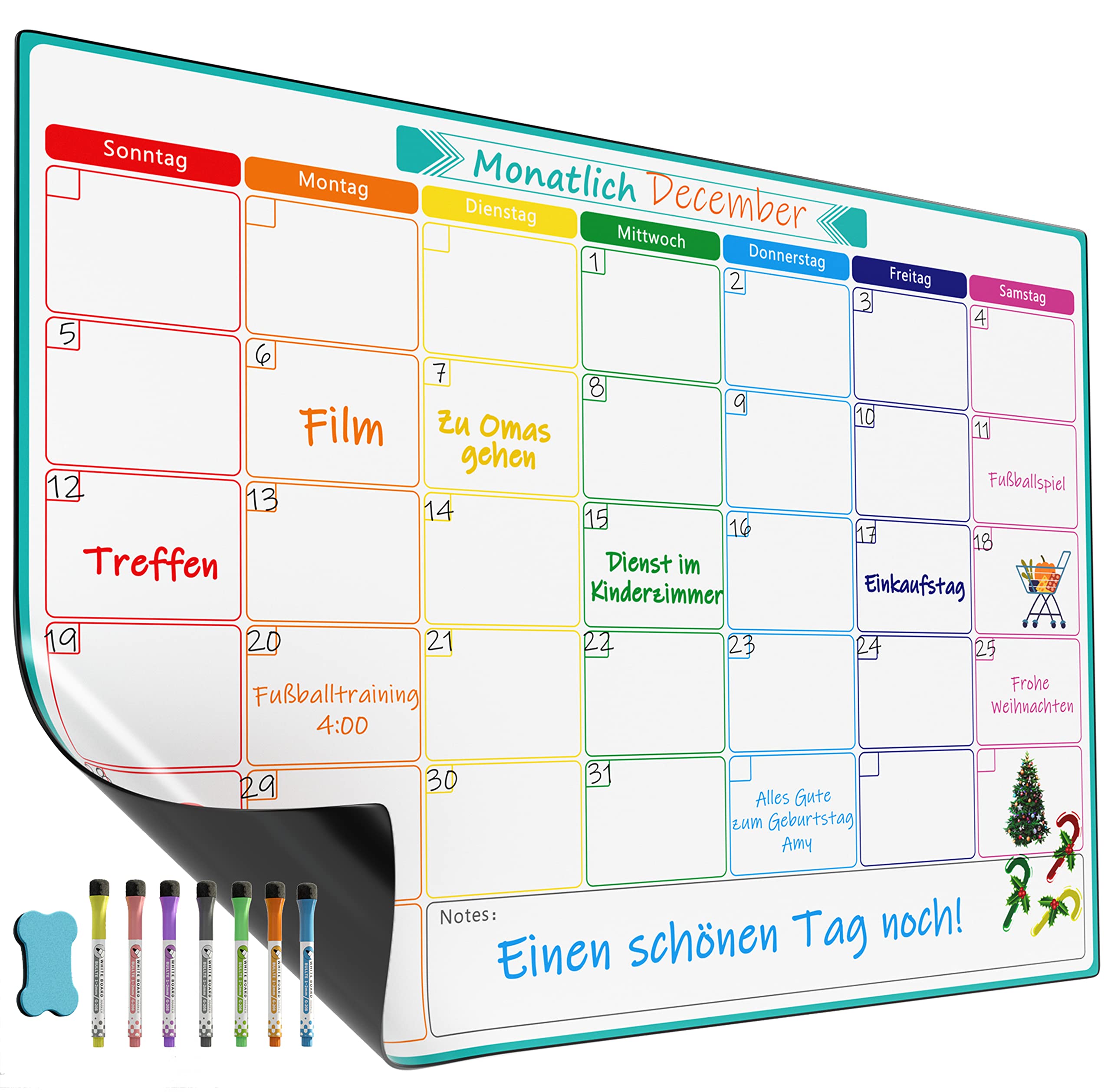 KTRIO A3 Magnetischer Monats-Wochenplaner für Haushaltsplan, Einkaufsliste, Essens- und Fitnessplanung. Nass & trocken abwischbares Whiteboard mit 7 Markern und Schwamm zum Aufhängen.