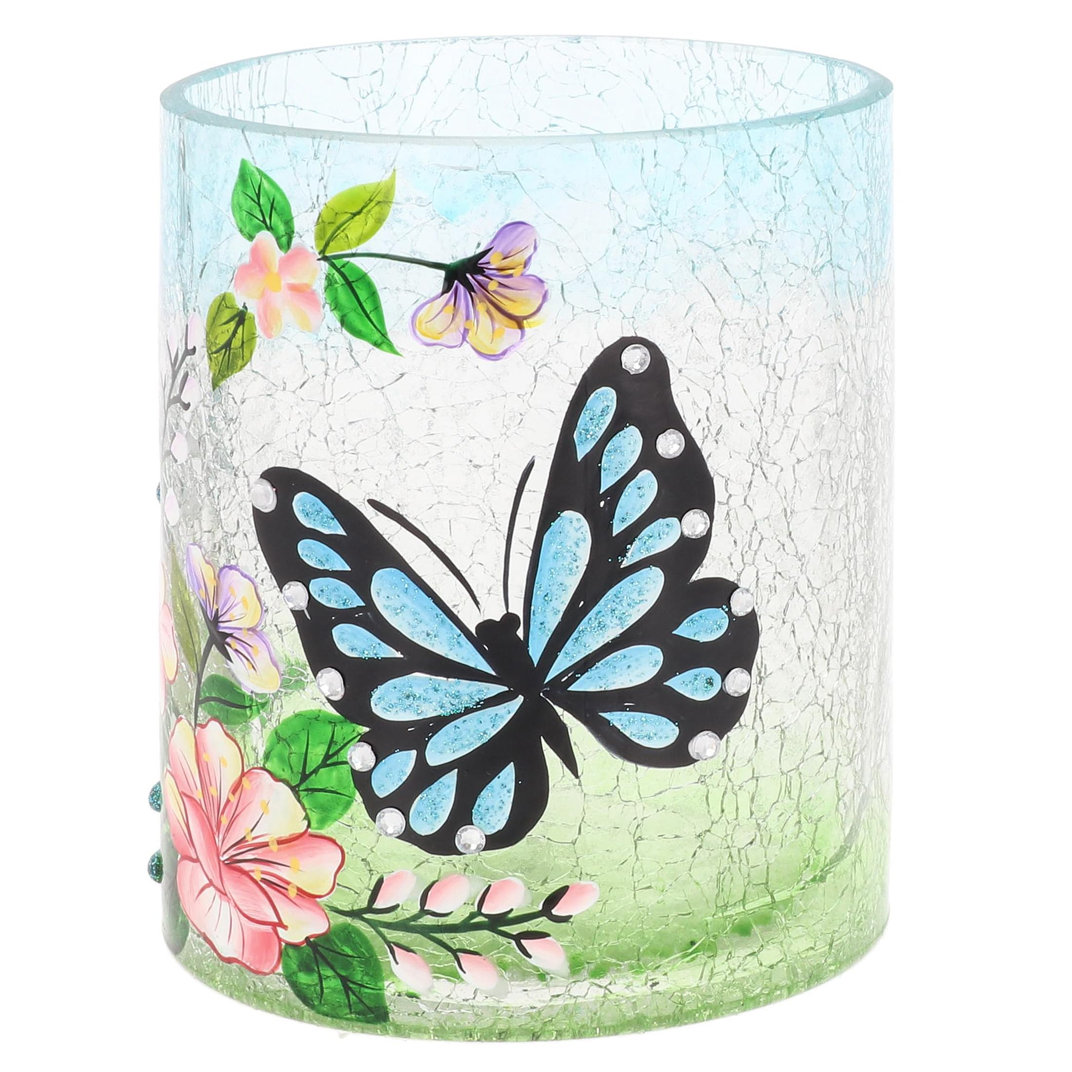 Shudehill Giftware Crackle Glass Tealight Holder Blue Butterfly Floral Large