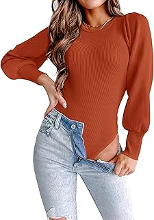 MASCOMODA Long Puff Sleeve Sweaters for Women 2025 Fall Winter Crewneck Knit Ribbed Bodysuit Pullover Tops