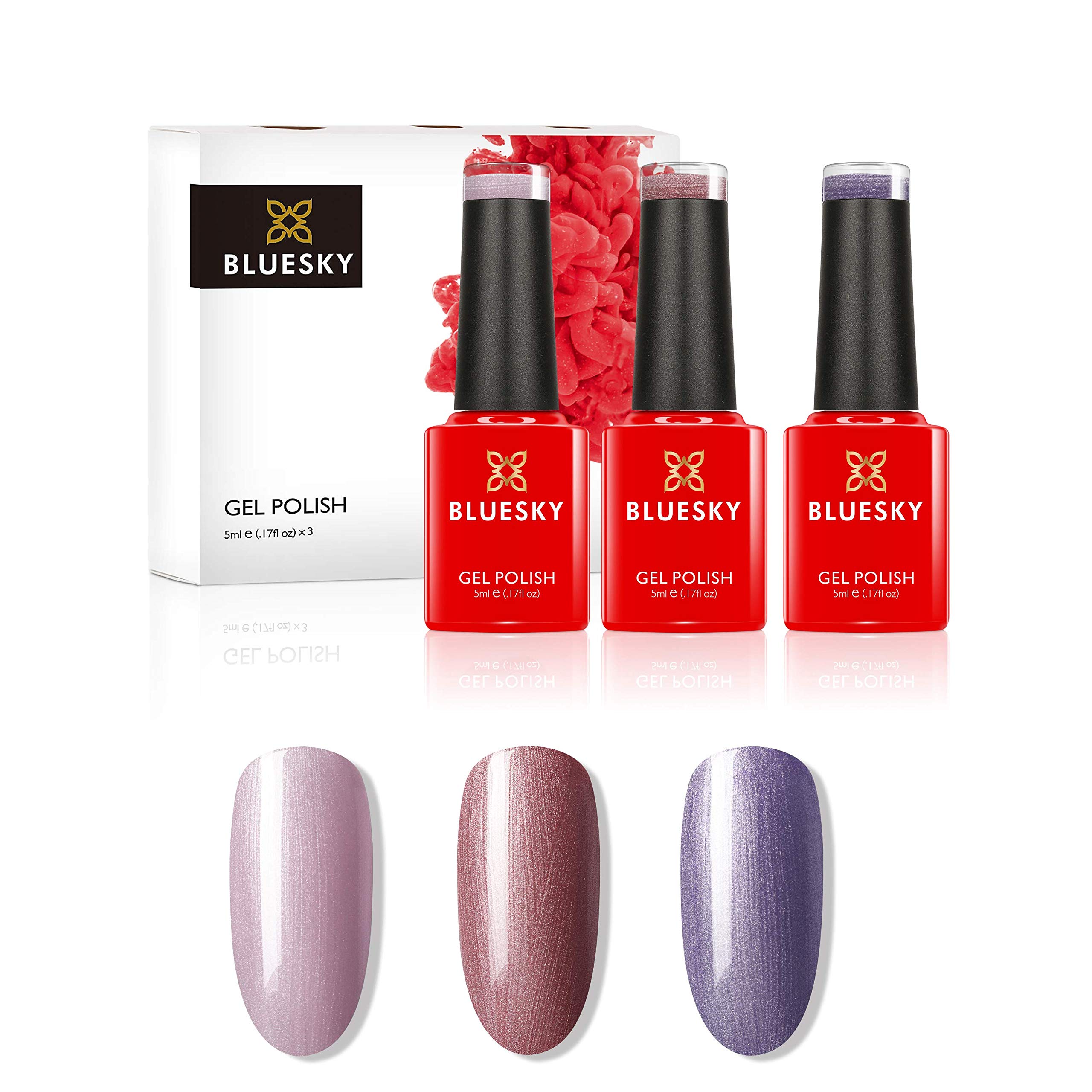 BLUESKYGel Nail Polish Set, Spring 2021 Collection - Dance Your Way Trio Set 1 - Pearls, 3 x 5 ml Gel Nail Polishes, Pink, Purple, Shimmer (Requires Curing Under UV/LED Lamp)