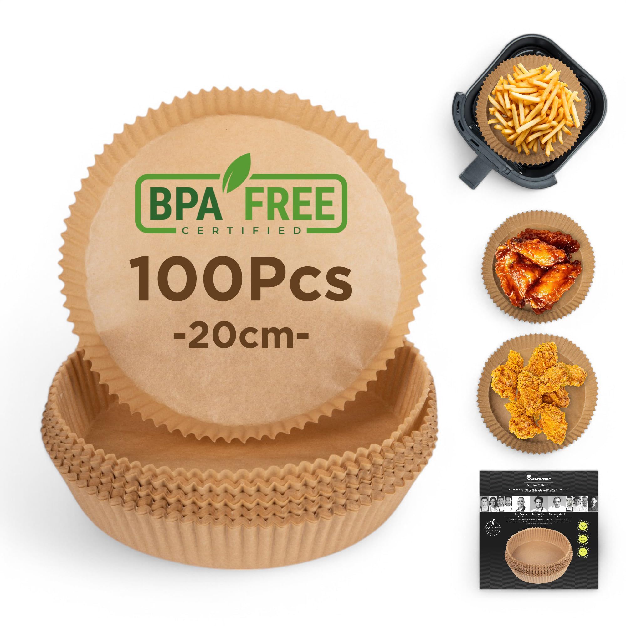 MasterPro Foodies - Papel de hornear para freidora de aire - Sin BPA - Juego de 100 Piezas - Moldes redondos de Papel de 20cm para freidora de aire con cesta de 3-4,5L - Sin blanquear, 20 Cm Redondo