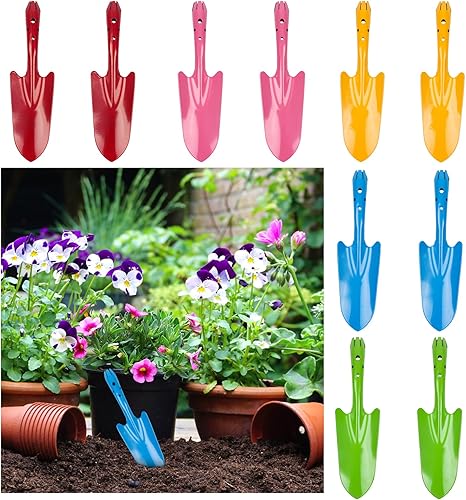 Paquete de 10 mini palas de mano de metal coloridas, juego de paletas para niños, adolescentes y adultos, herramientas de jardín para plantación de