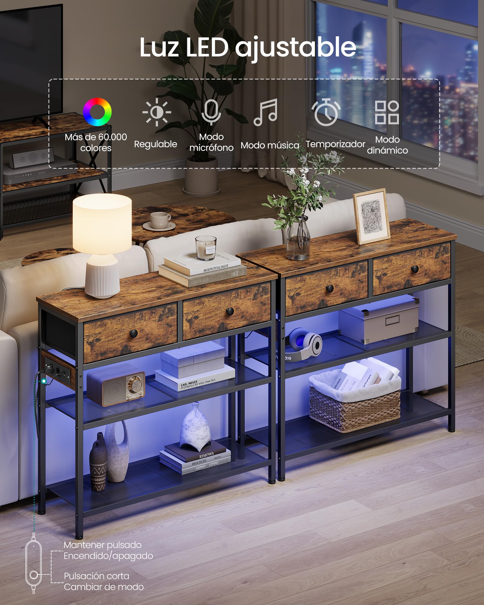 SONGMICS BELLAH Colección - Consola de Recibidor con Toma de Corriente, Mesa Auxiliar con Luz LED, Mesa de Recibidor, Sala de Estar, 30 x 76,7 x 78,7 cm, 2 Cajones de Tela, Marrón Rústico LGS175K102