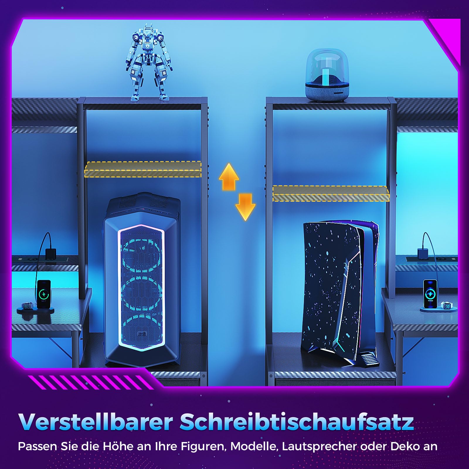 Coleshome Gaming Tisch mit Regal und Schubladen,137×48cm Gaming Schreibtisch mit LED-Beleuchtung & Steckdose, Computertisch mit Ablageflächen & Monitorständer, Carbon Fiber Schwarz