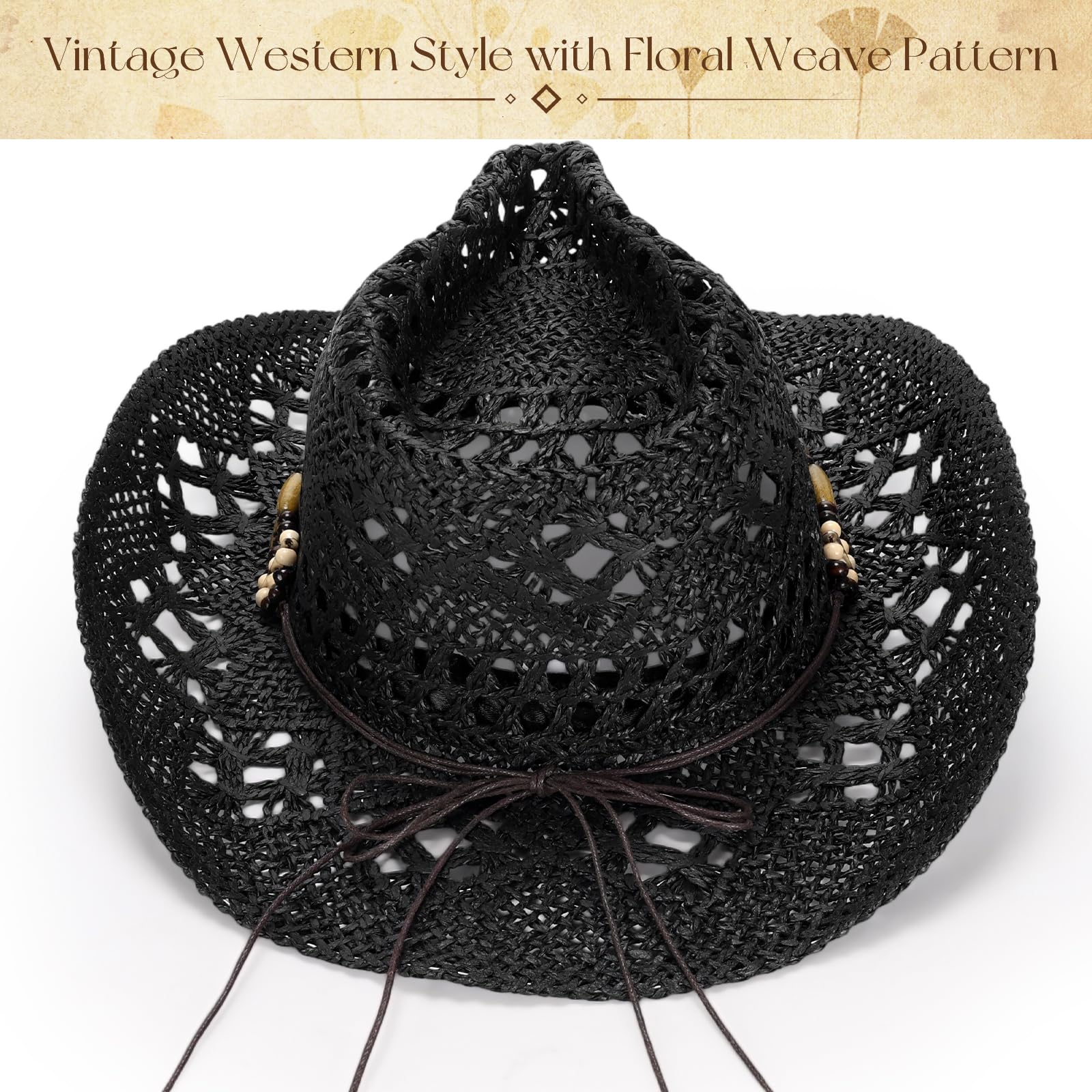 Cappello da cowboy in paglia da donna, cappello da cowgirl occidentale con orecchini a stivale, cappello estivo da spiaggia