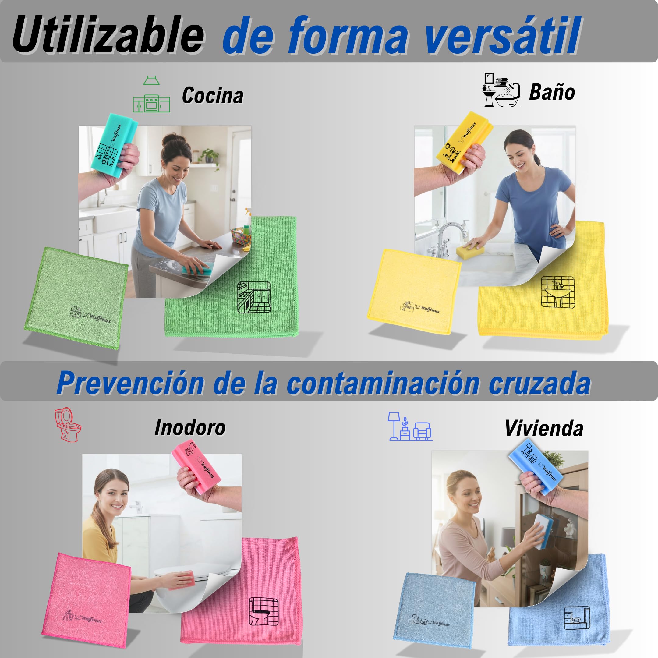 Hygiene XXL - Juego de 12 paños de microfibra para limpieza | Esponjas de limpieza con pictograma, sin rayas, sin arañazos, extraabsorbentes y lavables, sistema de color profesional.