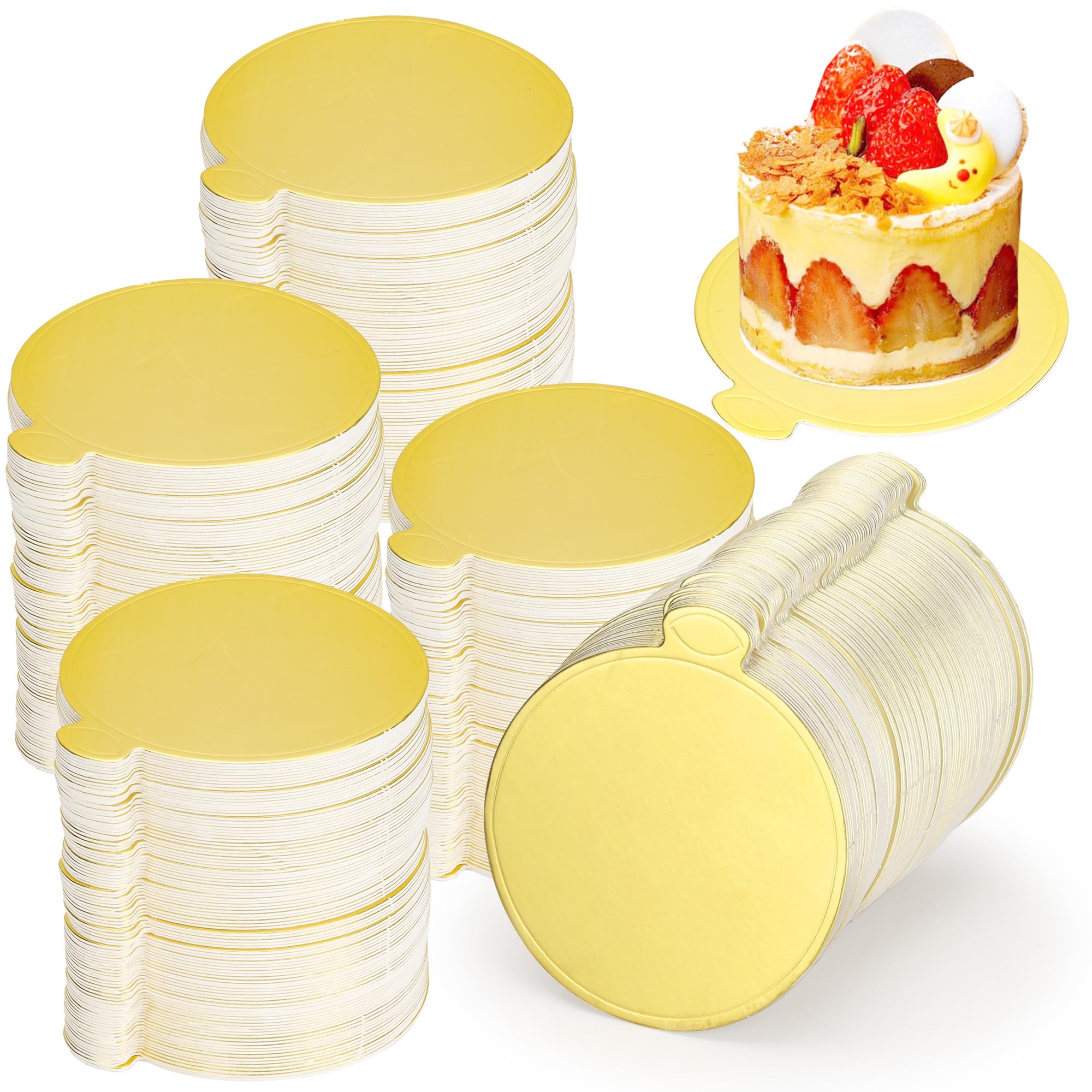 Axincardarm 400 Pcs Mini Gold Cake Boards Round 3.5 Inch Cardboard Cake Base, Small Golden Cakes Cardboard for Mousse Dessert Pastry Birthday Party Decoration