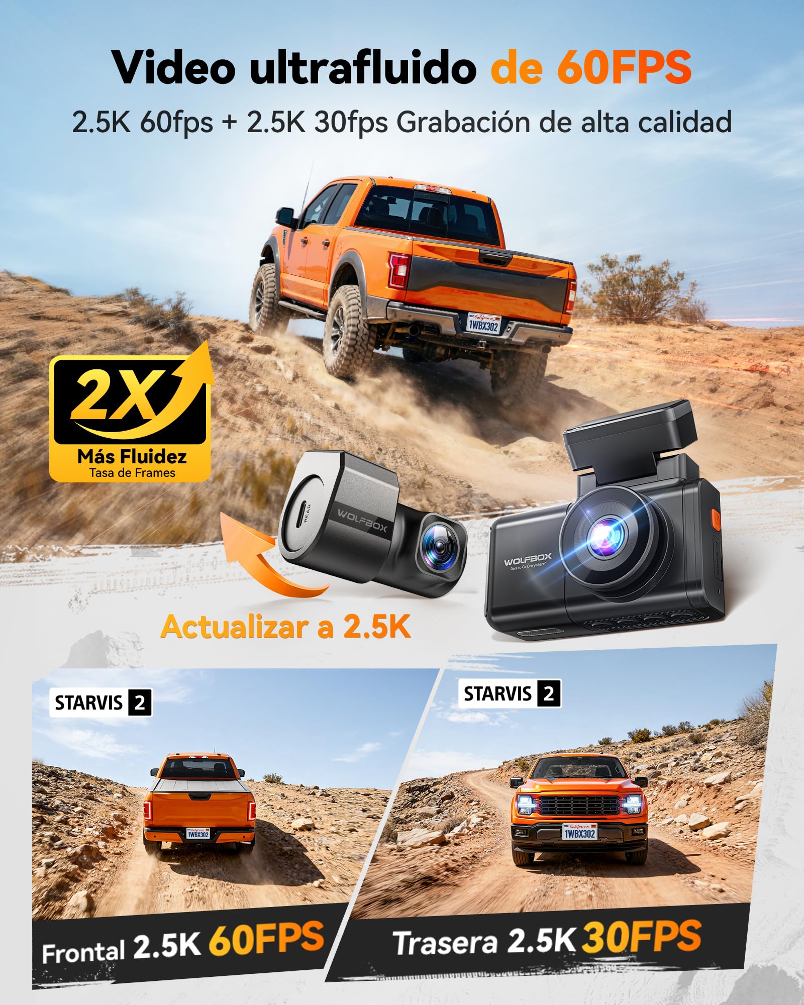 WOLFBOX X3 Pro - Cámara de salpicadero para coche, doble STARVIS 2 IMX 675, 1440P 60 FPS+1440P, ADAS Dashcam para coche, parte delantera trasera, estabilización de imagen con WiFi de 5,8 GHz, control