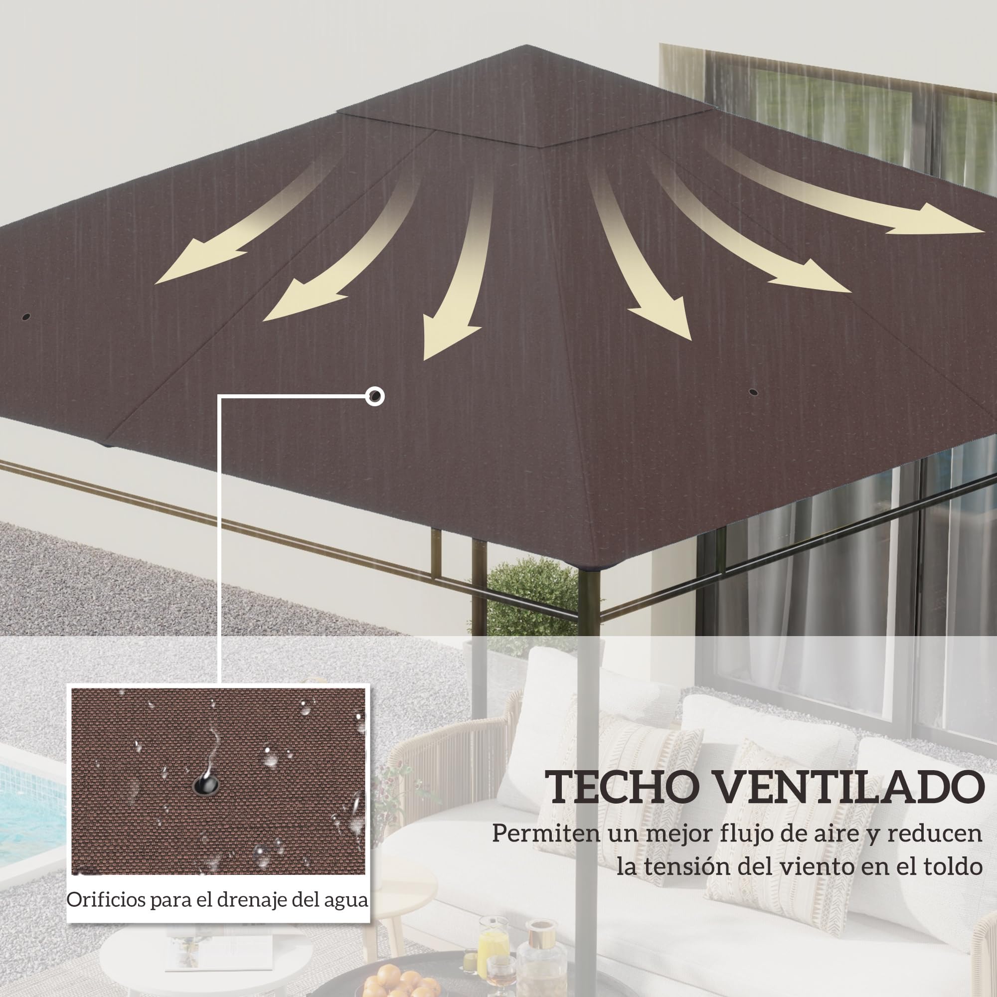 Outsunny Techo de Repuesto para Cenador, 3x3 m, Cubierta de Repuesto con 8 Orificios de Drenaje, Ventilación y Protección UV, Solo Toldo de Recambio para Pabellón Gazebo, Café