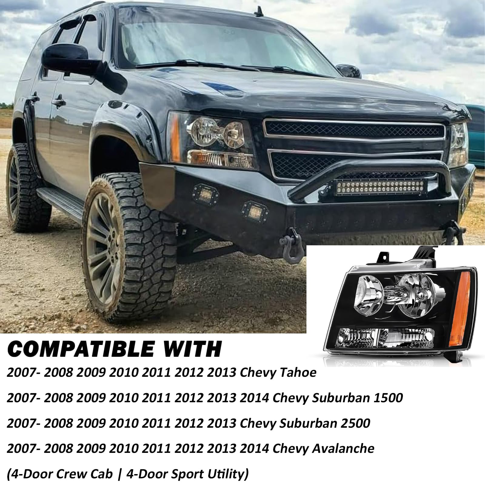 For 2007 2008 2009 2010 2011 2012 2013 2014 Chevy Tahoe Suburban 1500 Headlight Assembly Replacement for 07-13 Avalanche Suburban 2500 Head Lights Driver and Passenger Side, Black Housing Amber