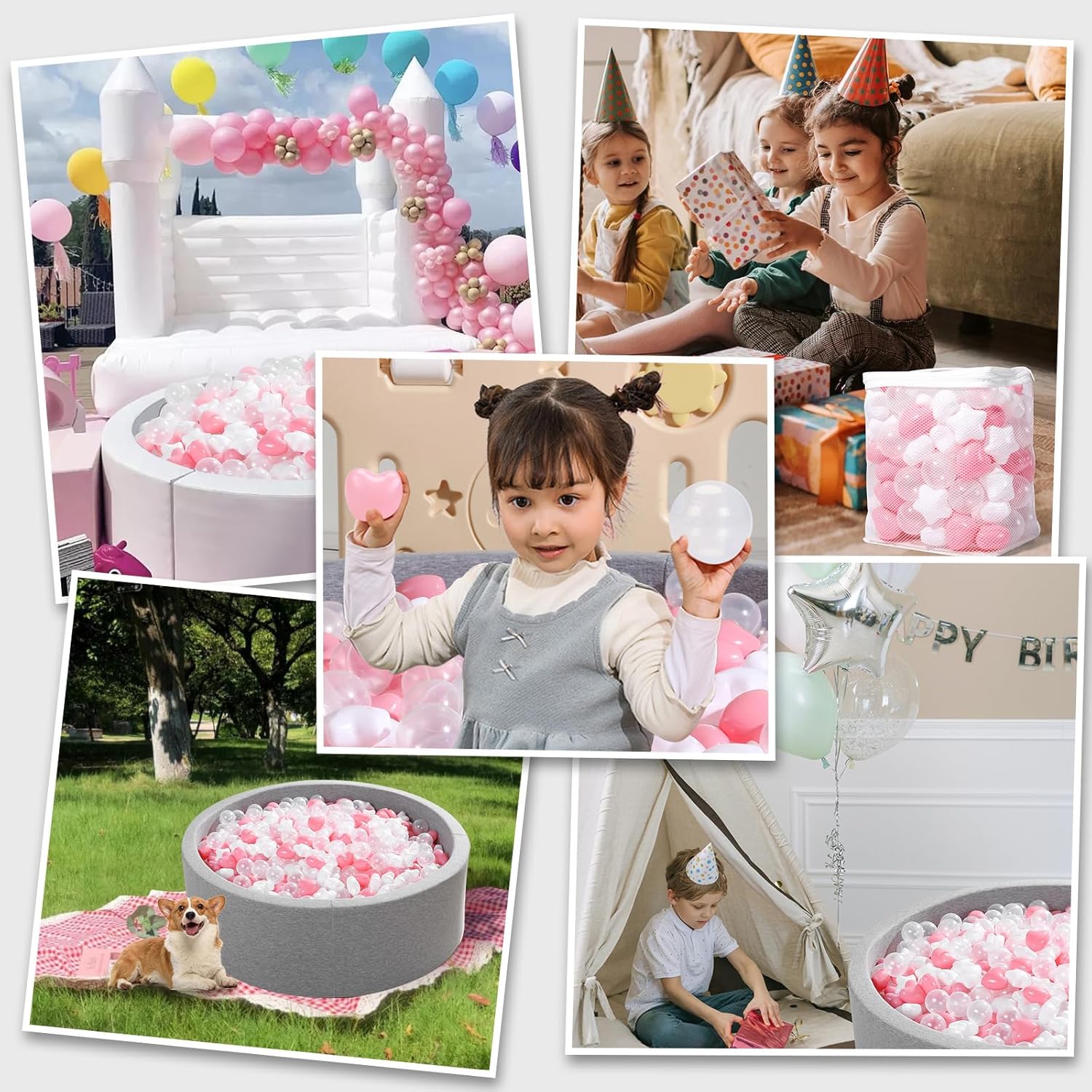 كرات حوض الكرات، 100 كرة محيطية وردية للأطفال، خيام لعب للأطفال، كرات بلياردو ناعمة من البلاستيك لتزيين أعياد الميلاد والحفلات، ألعاب الملاعب، كرات بلياردو - (اللون: وردي + أبيض + شفاف)
