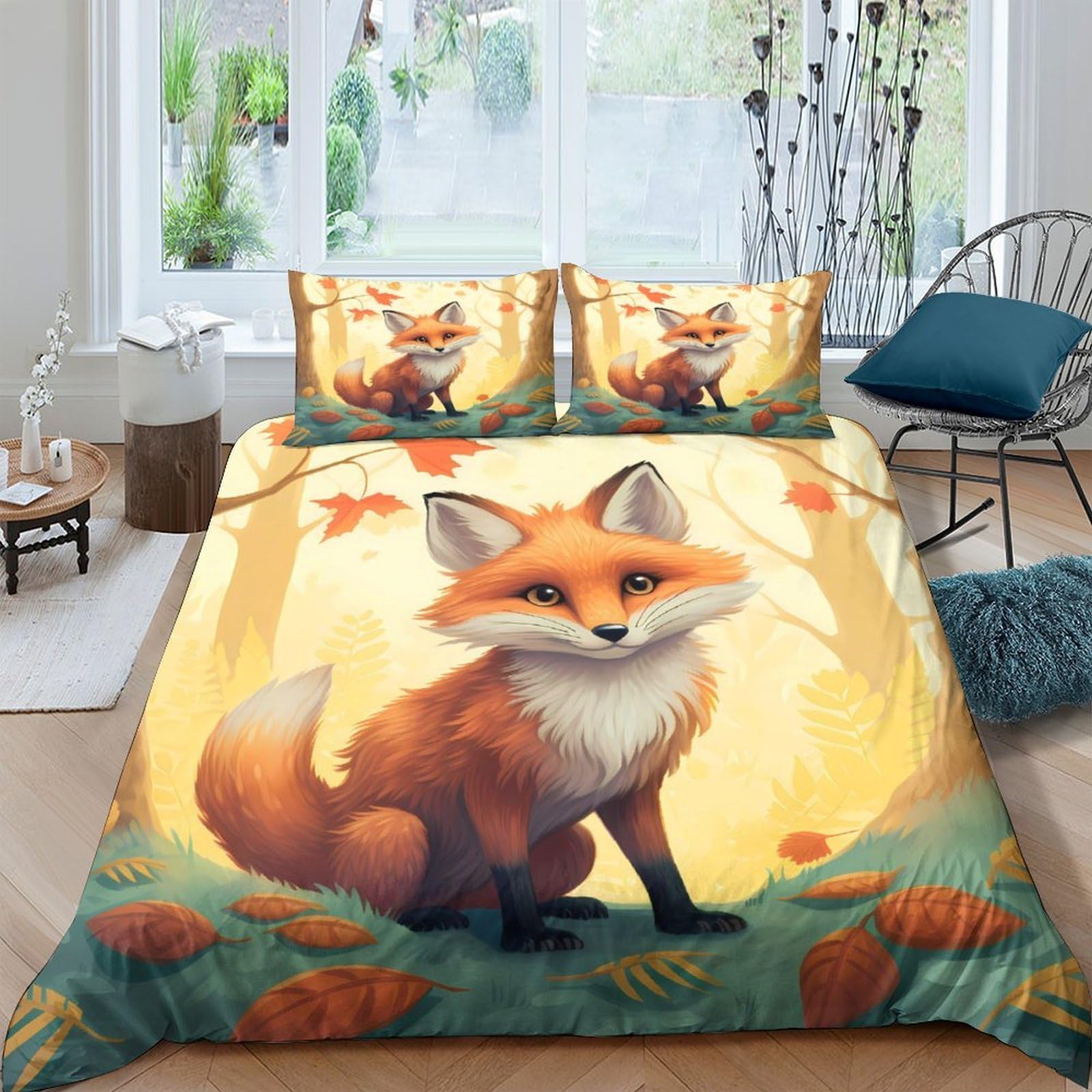 Ctjqhvkz Style-8 3D Printed Autumn Fox Fitted Sheet Microfiber Soft Forest Leaves Bed Cover For Bedroom Guest Room Decor Single（135X200cm）