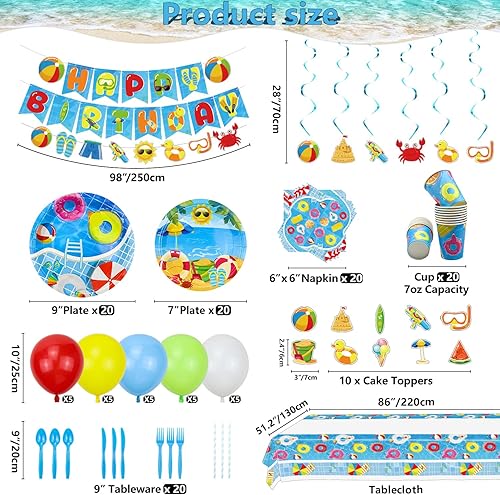 Miniatura 2 de Suministros para fiesta de cumpleaños de pelota de playa, juego de decoraciones de fiesta de piscina, incluye pancarta de feliz cumpleaños, remolino