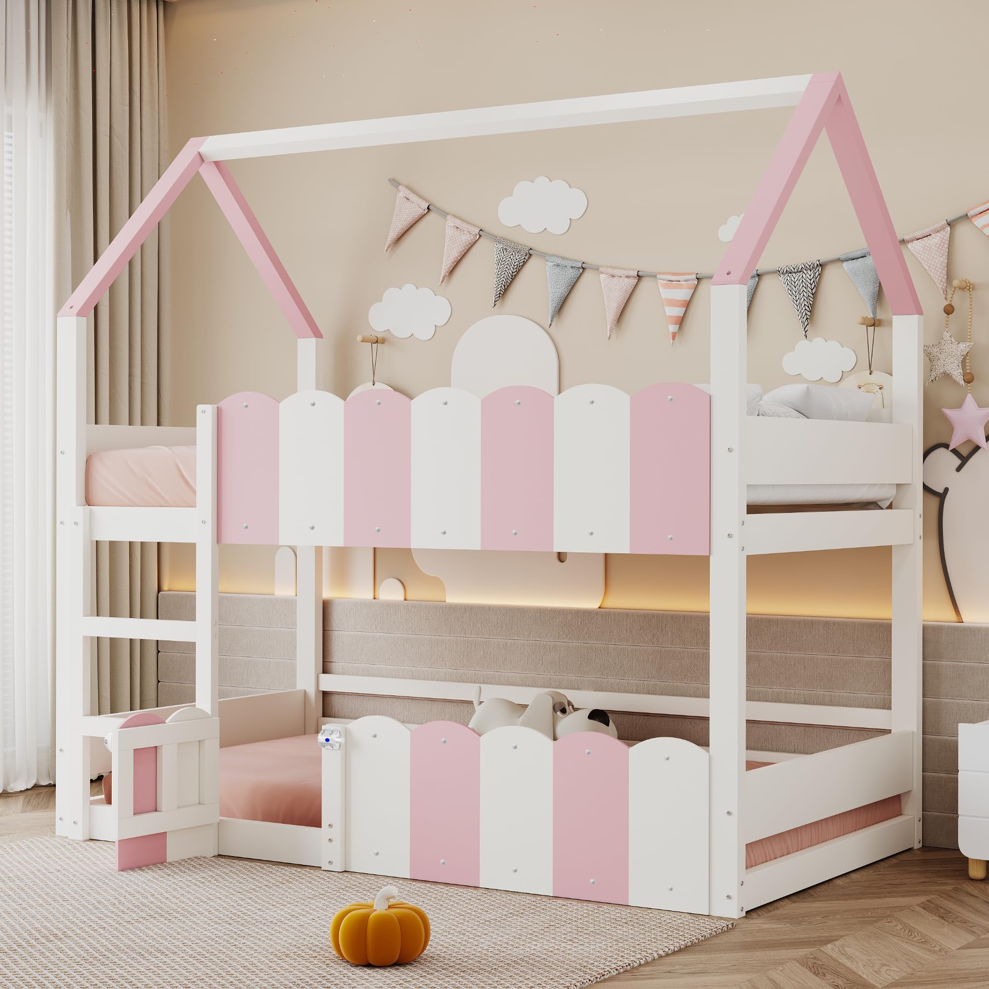 YESGIGA Kinder-Etagenbett 90x200 cm, Hausförmiges Design mit erhöhten Sicherheitsgeländern, Das Obere Bett verfügt über Einen Lattenrost. Geeignet für Jungen und Mädchen (Rosa)