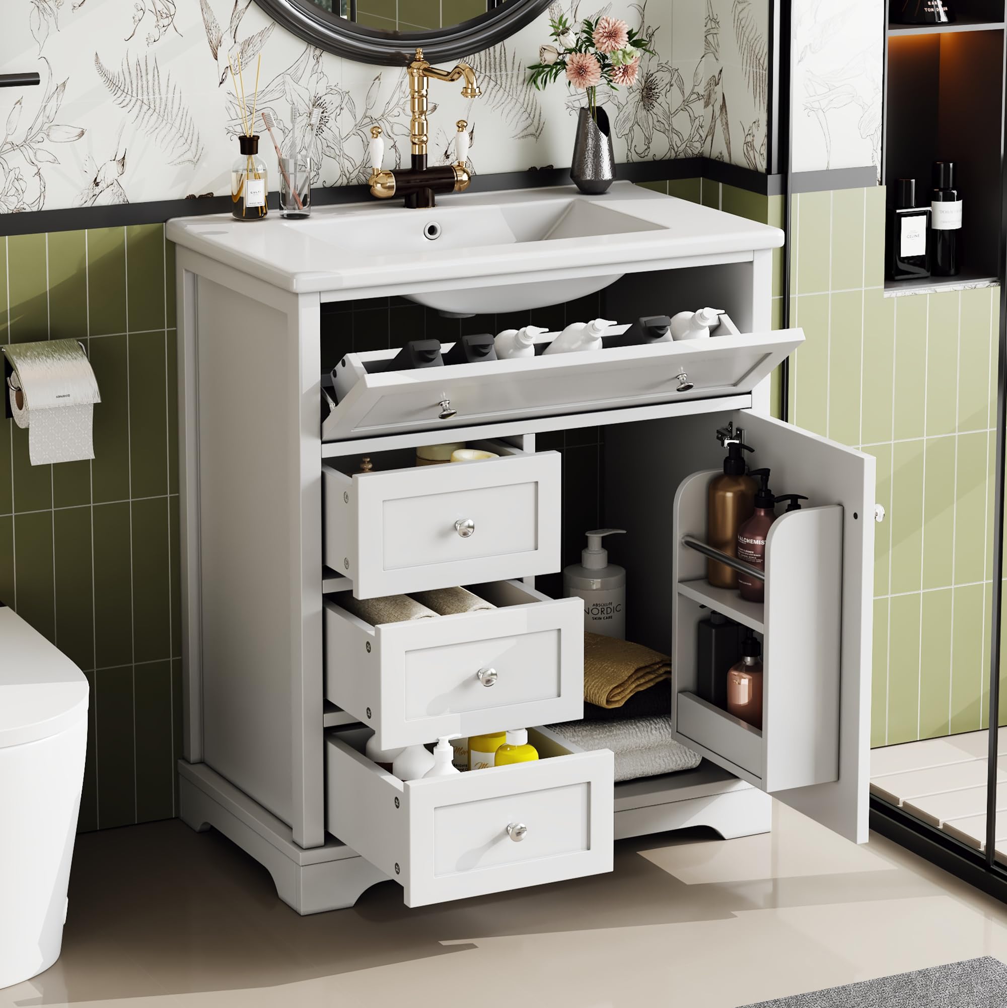 Mobile Bagno Sospeso 76,2 Cm Con Lavello – 2 Cassetti A Chiusura Soft-Close, Design Scanalato, Bianco