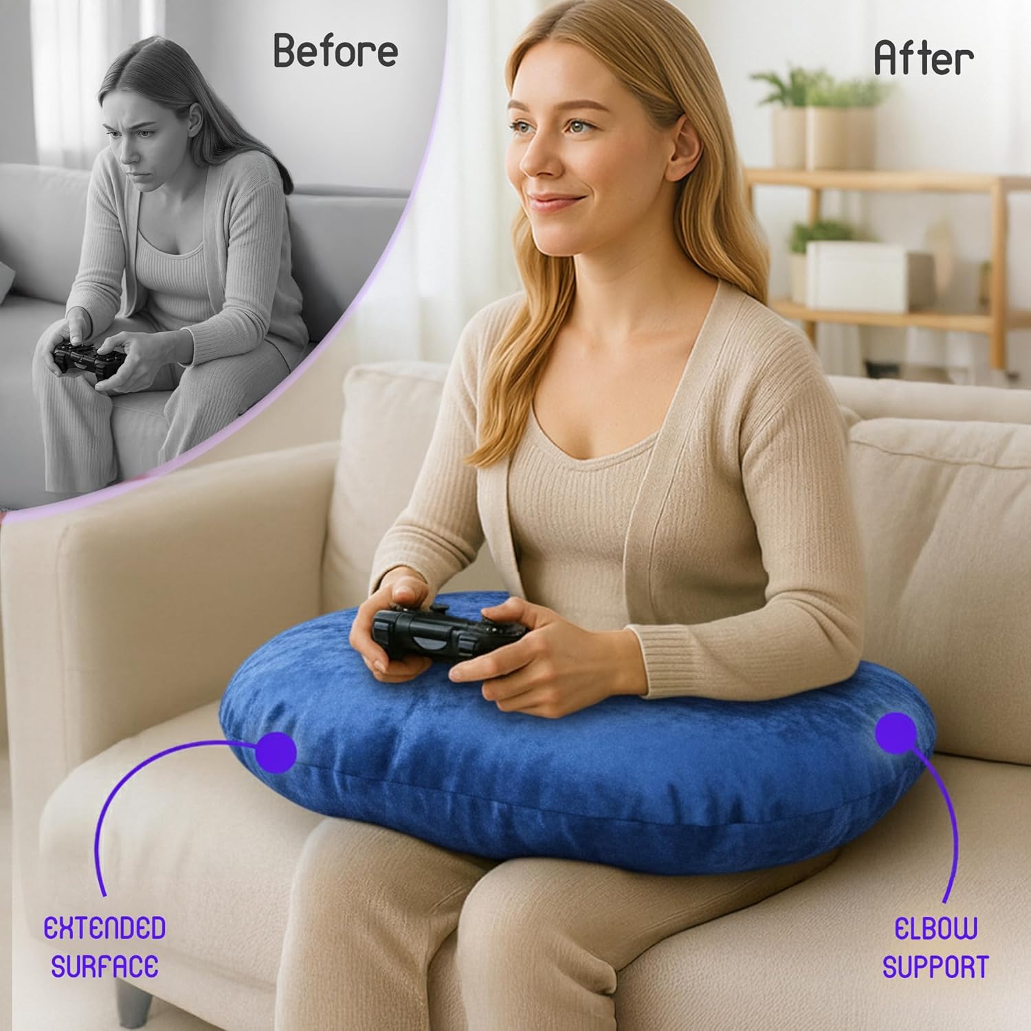 MELLO Lap Pillow for Reading – Memory Foam Gaming Pillow for Lap, Crochet, Crafting, Knitting, Elbow and Arm Support Cushion for Rest in Couch and Bed (Navy Blue, Standard)