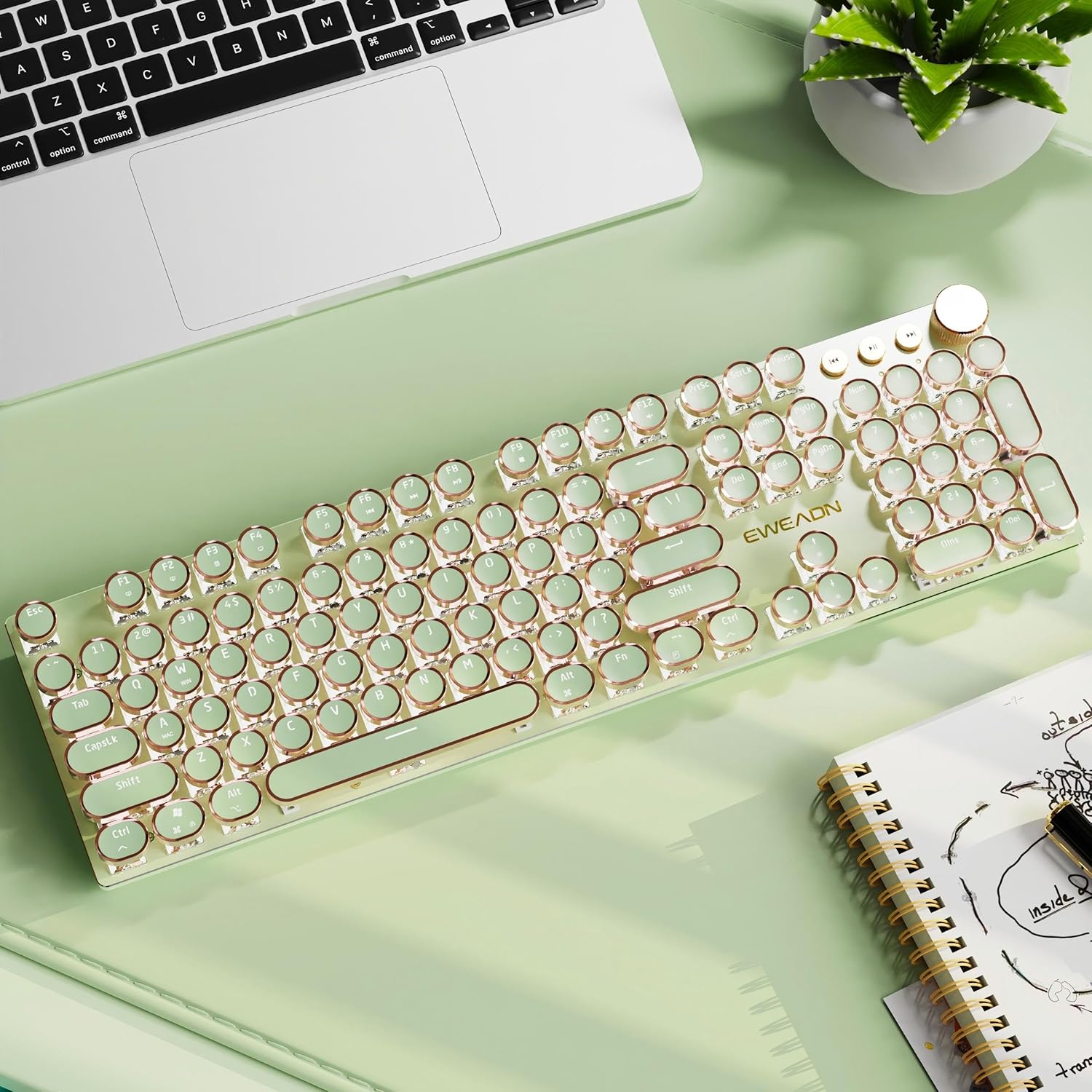 EWEADN Typewriter Style Mechanical Gaming Keyboard, Wired Mechanical Keyboards,104 Keys Backlit LED Keyboards, Media Control Knob, Wired Computer Keyboard Pink Switch for Windows/Mac/PC-Green