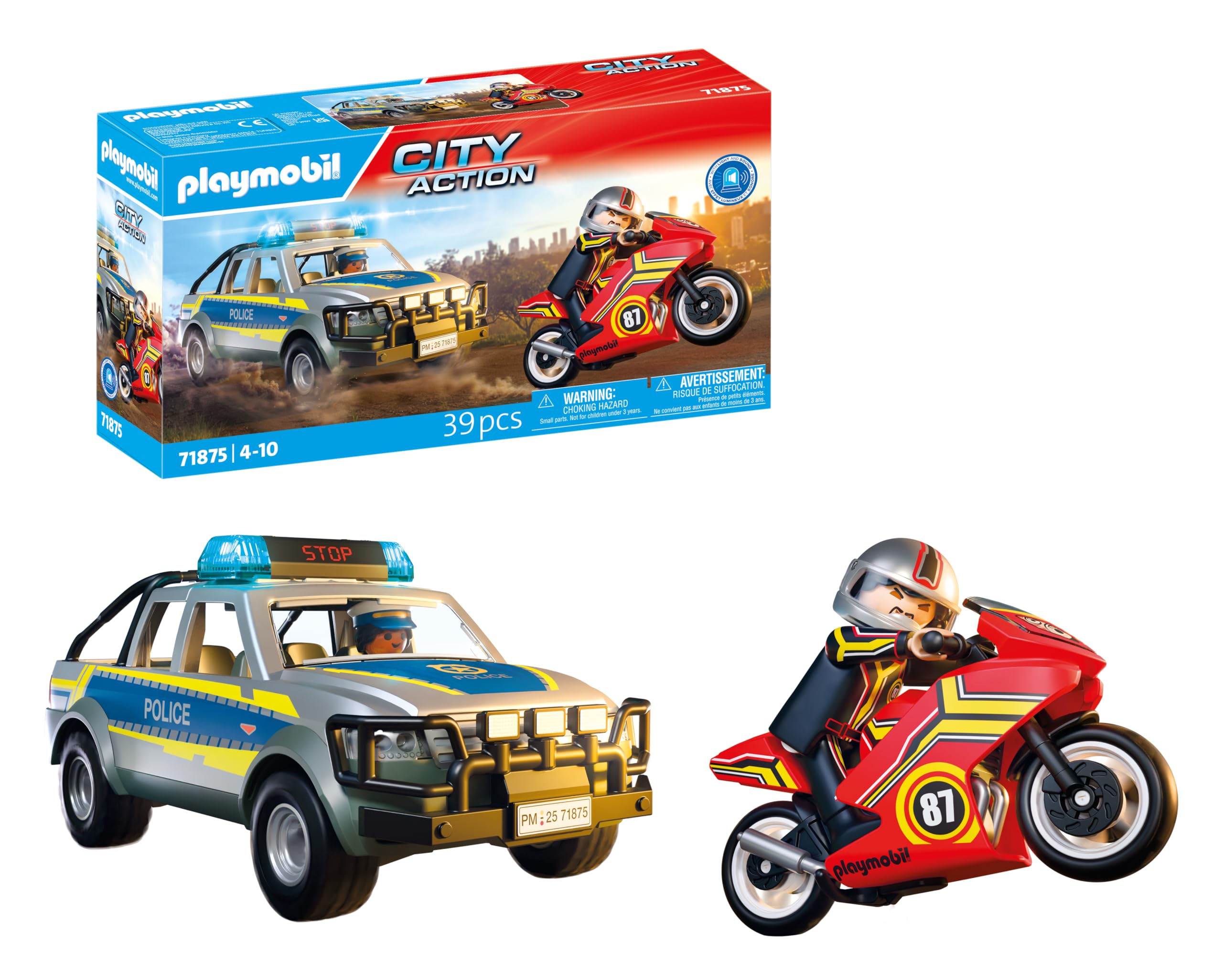 PLAYMOBIL | Action Heroes | Verfolgungsjagd mit Polizei Pick-Up | Polizei-Spielzeug mit Licht- & Soundeffekten | Actionreiches Abenteuer-Spielzeug | Für Kinder ab 4 Jahren | 71875
