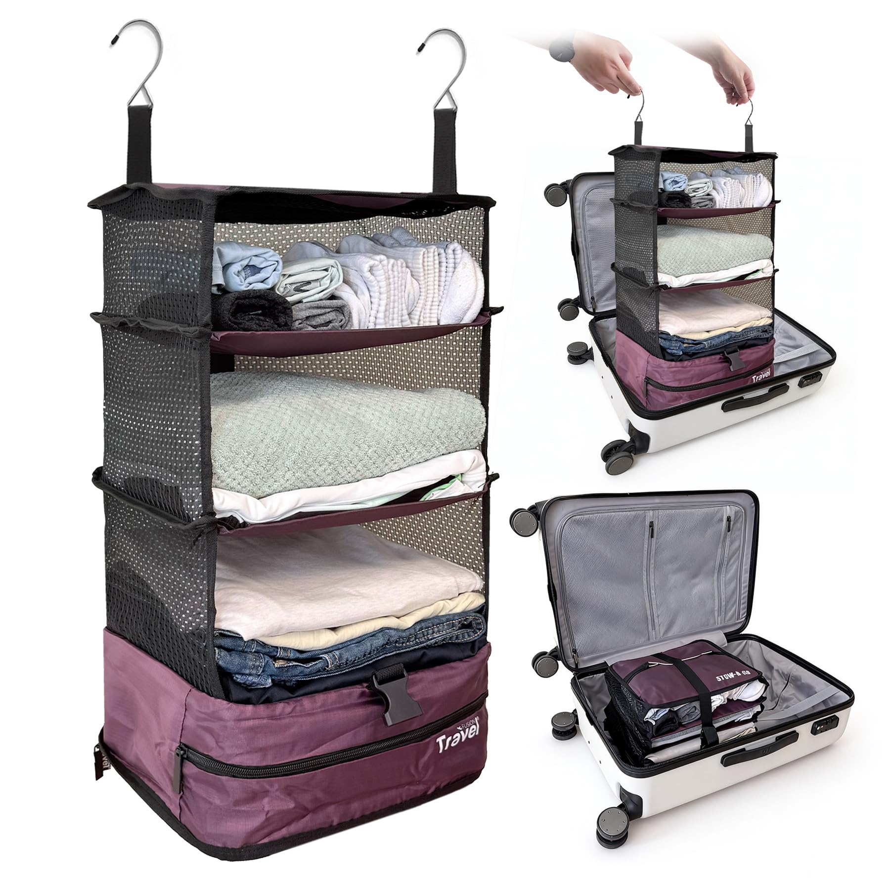 Grand Fusion Stow-N-Go Travel Luggage Organizer – Portable Hanging Travel Shelves, Carry-On Closet Organizer, Hanging Packing Cubes, Collapsible Carry-On Organizer for Cruises & Hotels. Burgundy - L