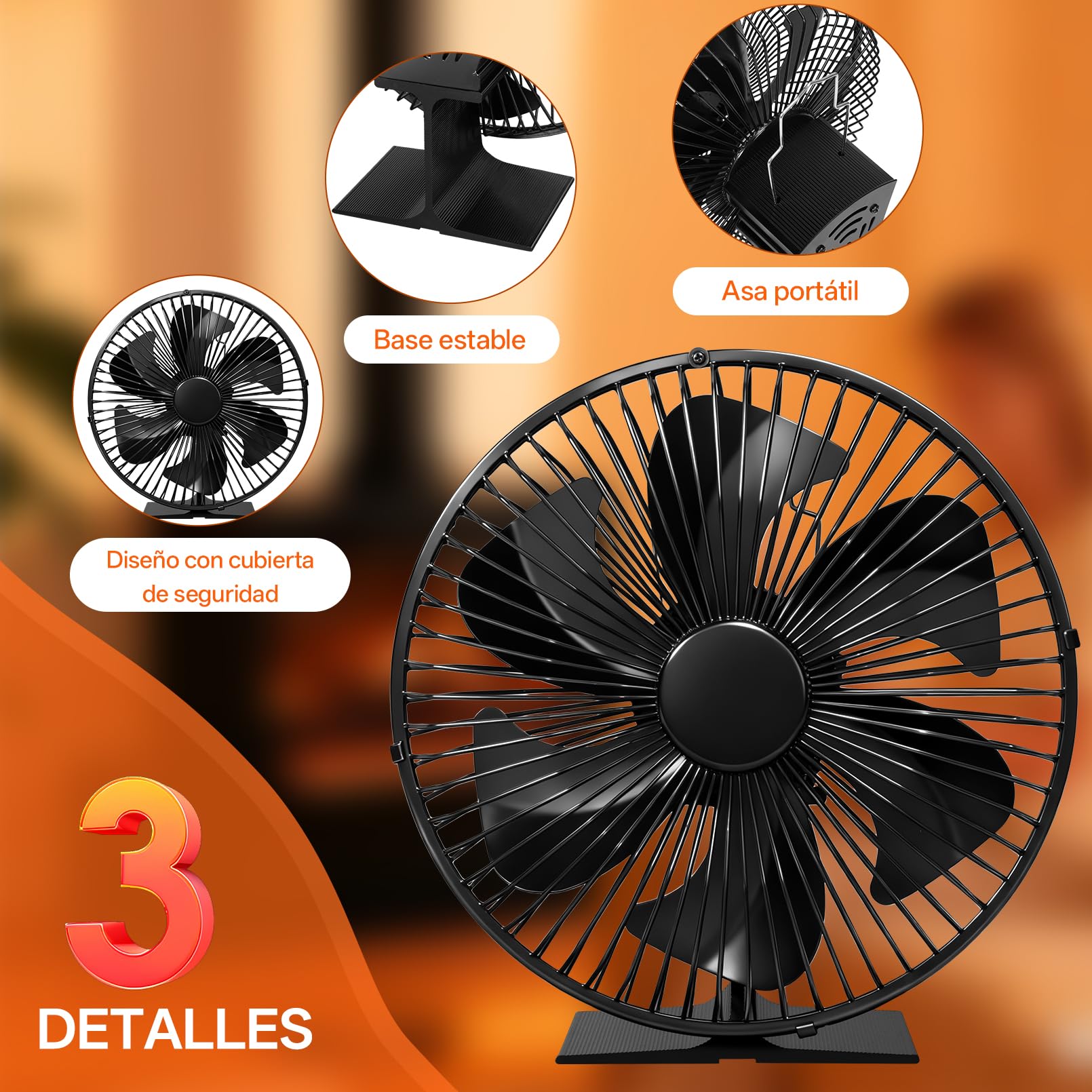 JossaColar Ventilador para Estufa y Chimenea con Rejilla de Protección | Ventilador de 6 Aspas para Tubos de Estufa | Ventilador para Chimenea sin Electricidad