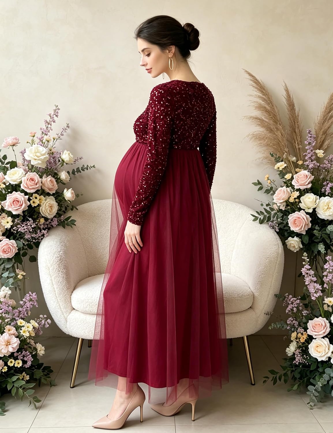 Sequin Long Sleeve Maternity Gown Flowy Tulle Maxi Dress