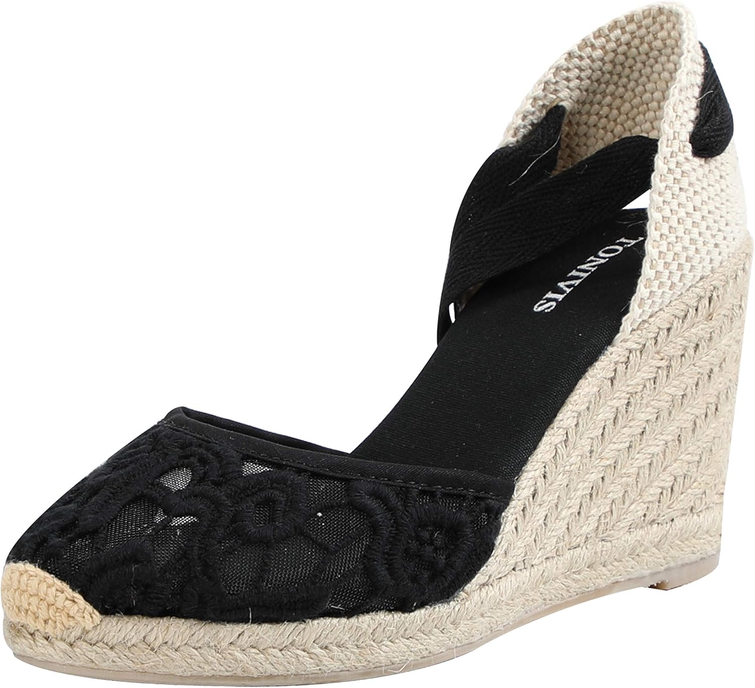 Women’s Platform Wedges Espadrilles, 3" Wedge, Soft Ankle-Tie Strap, Closed Toe, Classic Summer Sandals 6.5 Black Lace 3 Inches