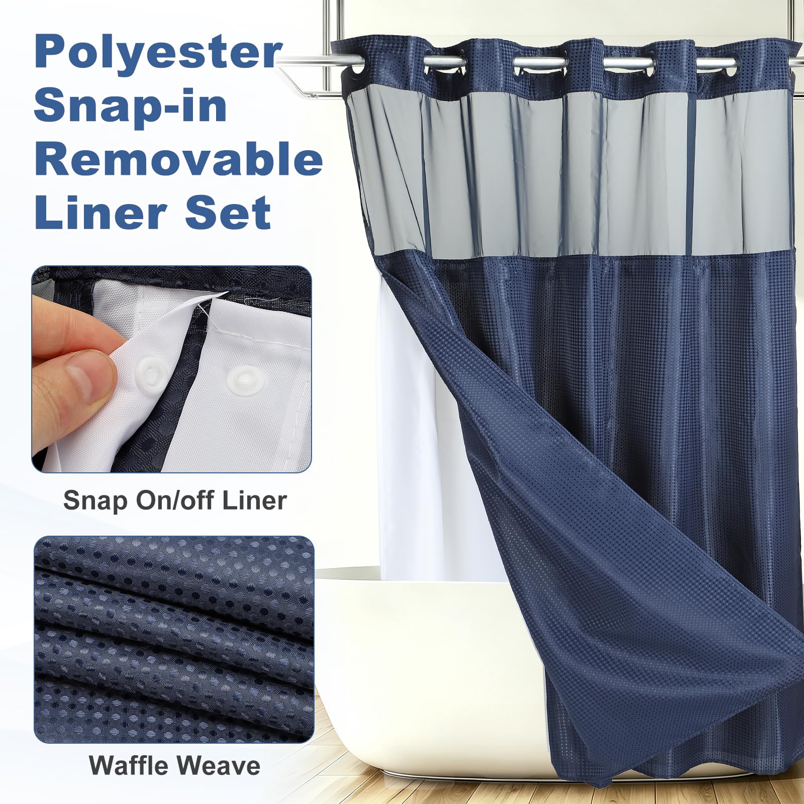 DTGN Rideau de douche sans crochet – Doublure amovible en polyester – Imperméable et lavable – Tissage gaufré texturé pour maison, salle de bain, hôtel – Gris foncé – 180 x 183 cm (l x L)
