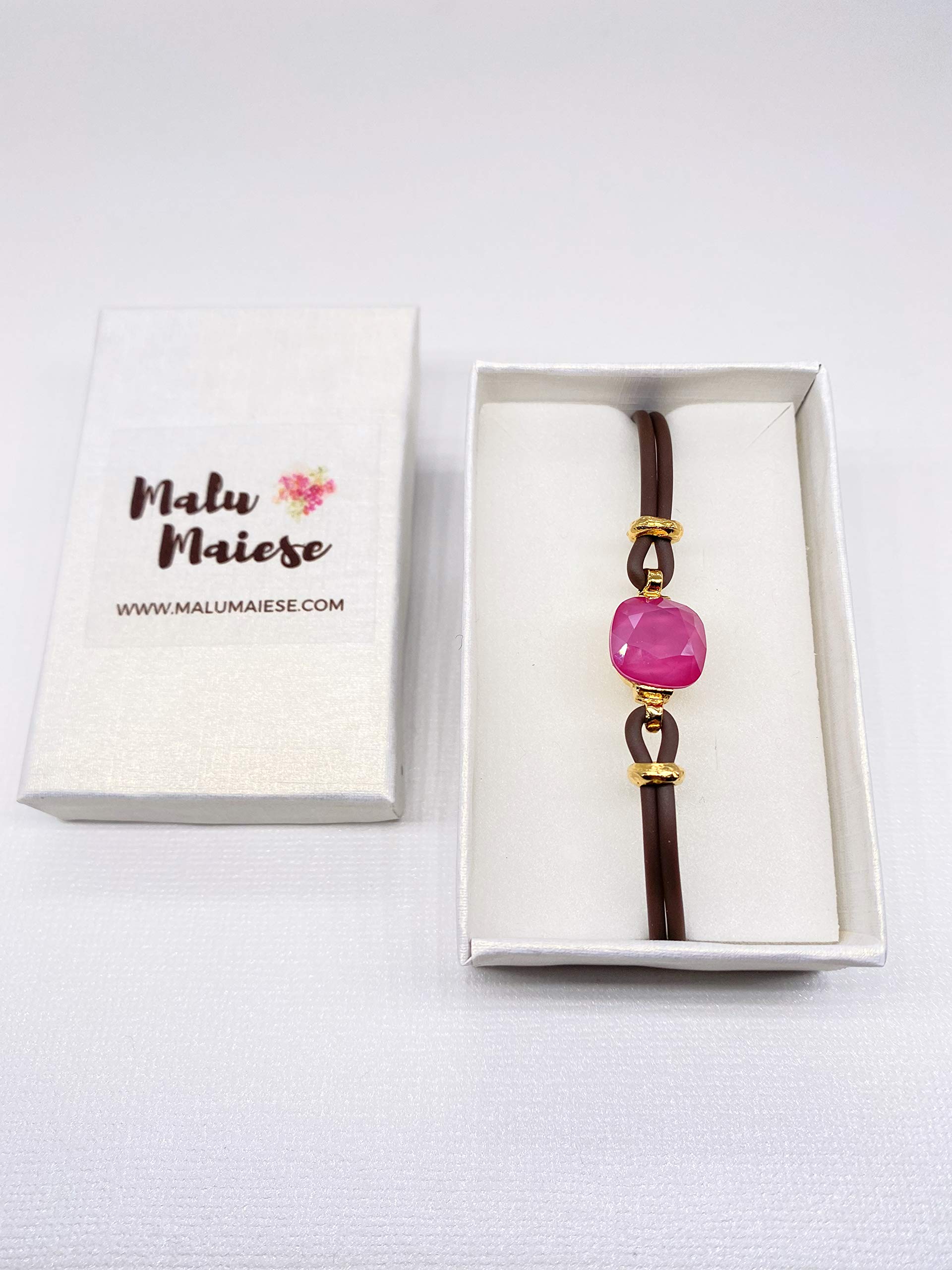Pulsera de caucho marrón y cristal, base dorada chapada en oro 18k, tamaño ajustable, diseno exclusivo, regalos para mujer