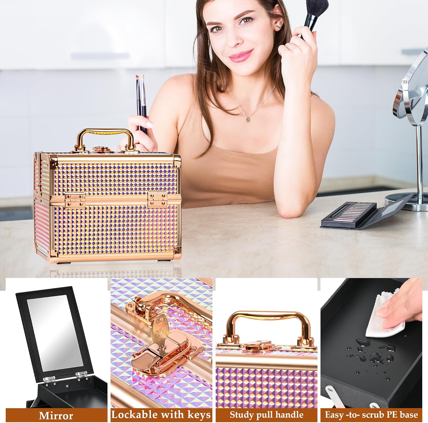 Makeup Case Organizer,Makeup Train Case, Trays Cosmetic Box Portable, Profesional for Salon Barber, Colorful Pink - Image 5