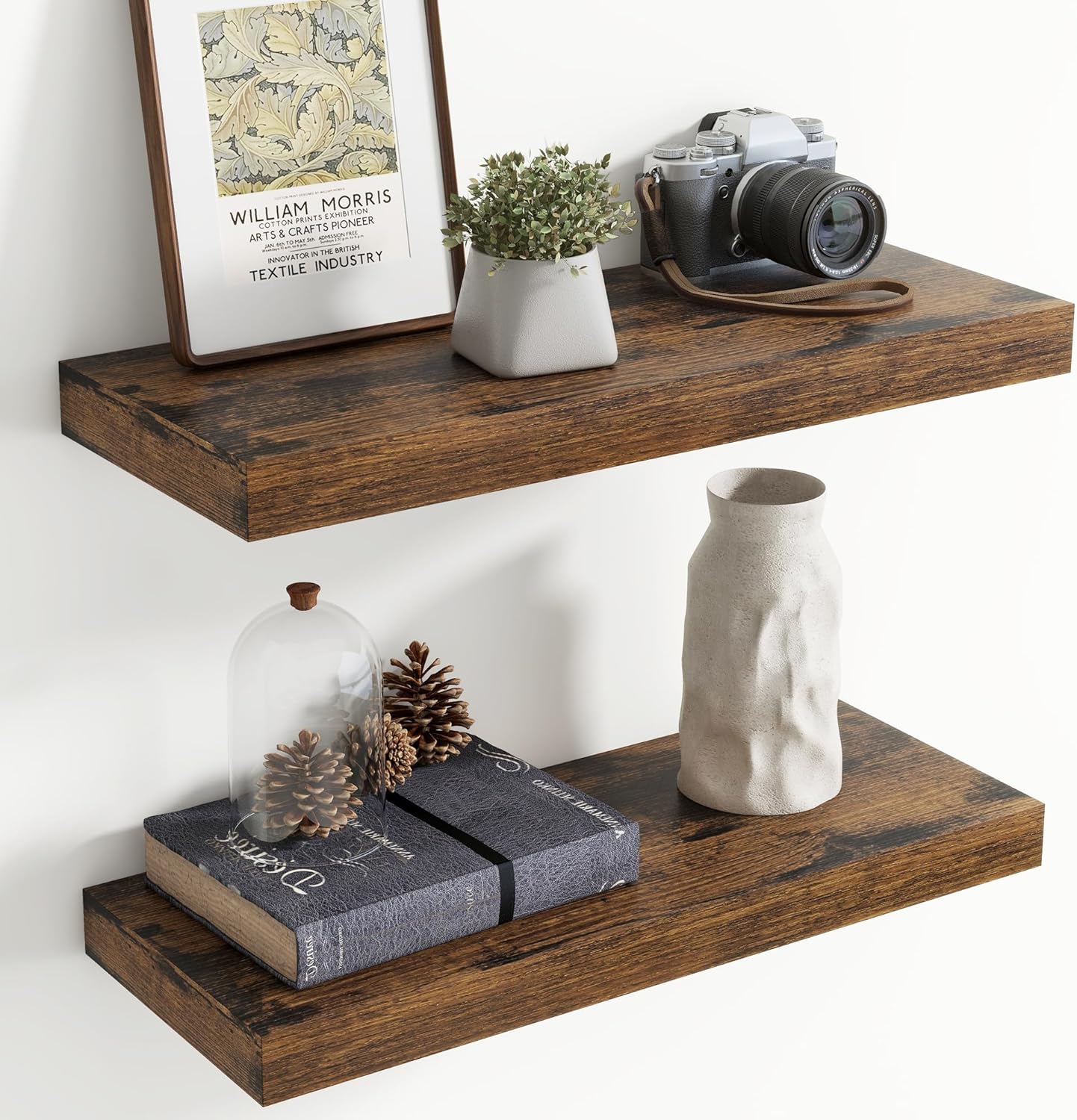24 Inch Floating Shelves for Wall, 8 Inch Deep Floating Shelf for Storage & Display, Wall Mounted Shelf with Invisible Brackets for Living Room, Kitchen, Bathroom, Home Decor, Set of 2, Rustic Brown